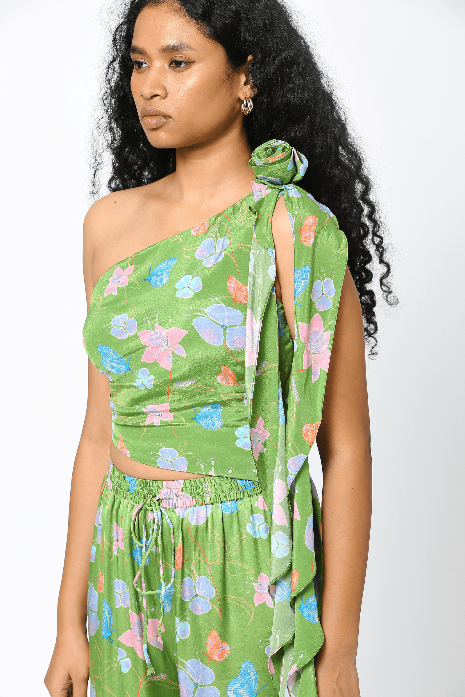 Green Crepe One Shoulder Draped Top