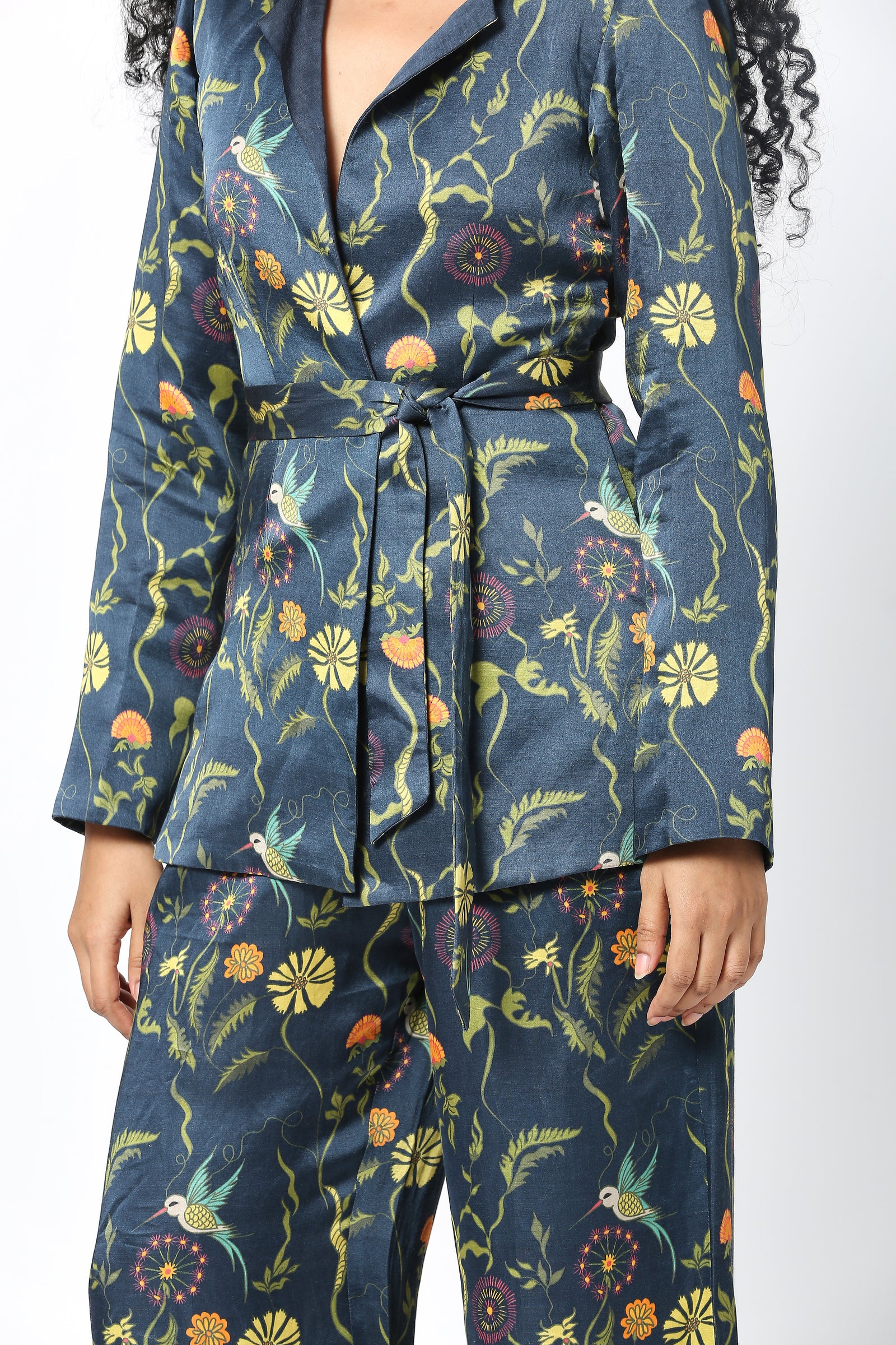 Navy Blue Linen Satin Tie-Up Blazer With Trousers