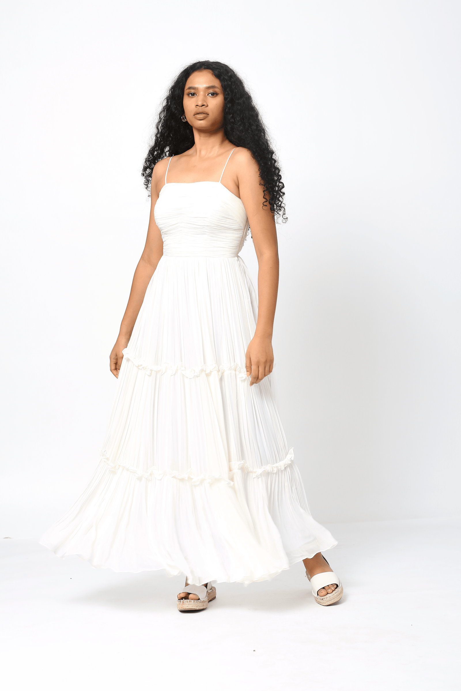 White Viscose Georgette Ruched Maxi Dress