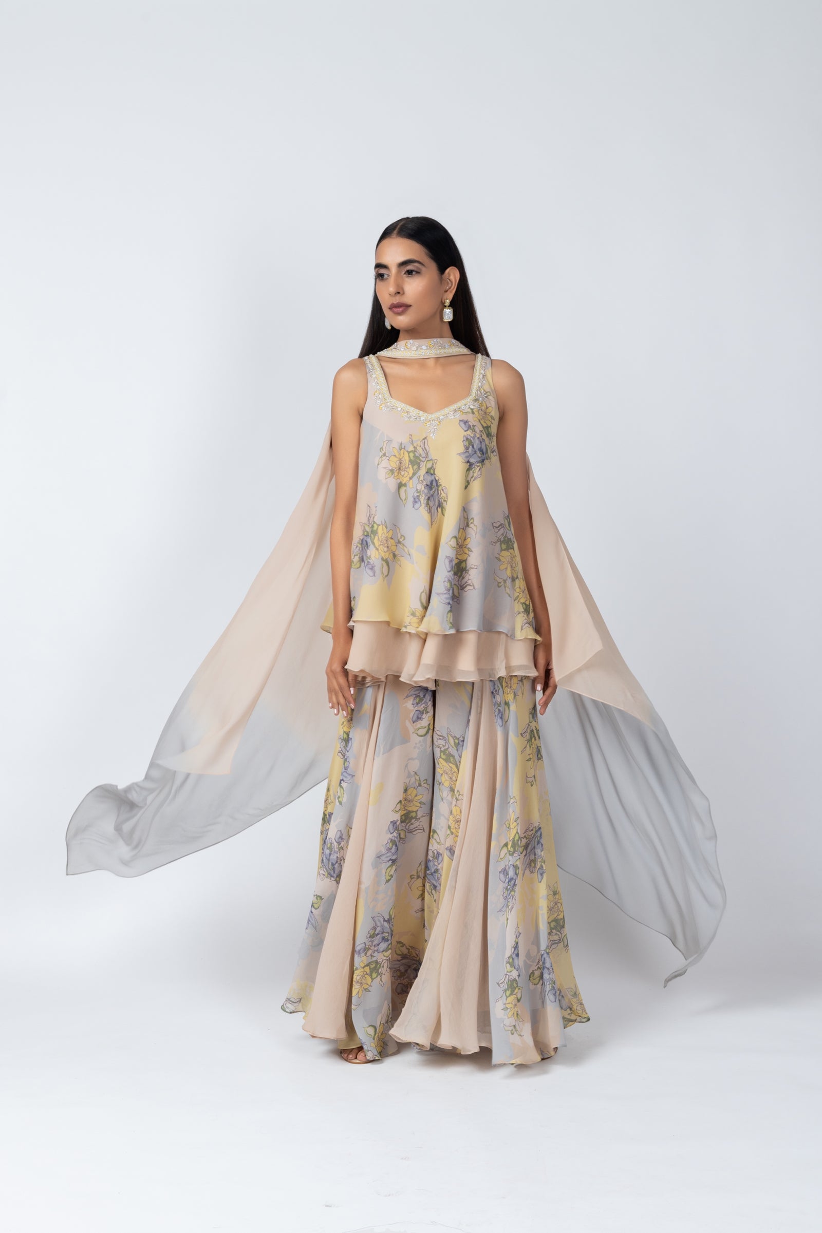 Sky Blue Sleeveless Tunic & Georgette Sharara Set