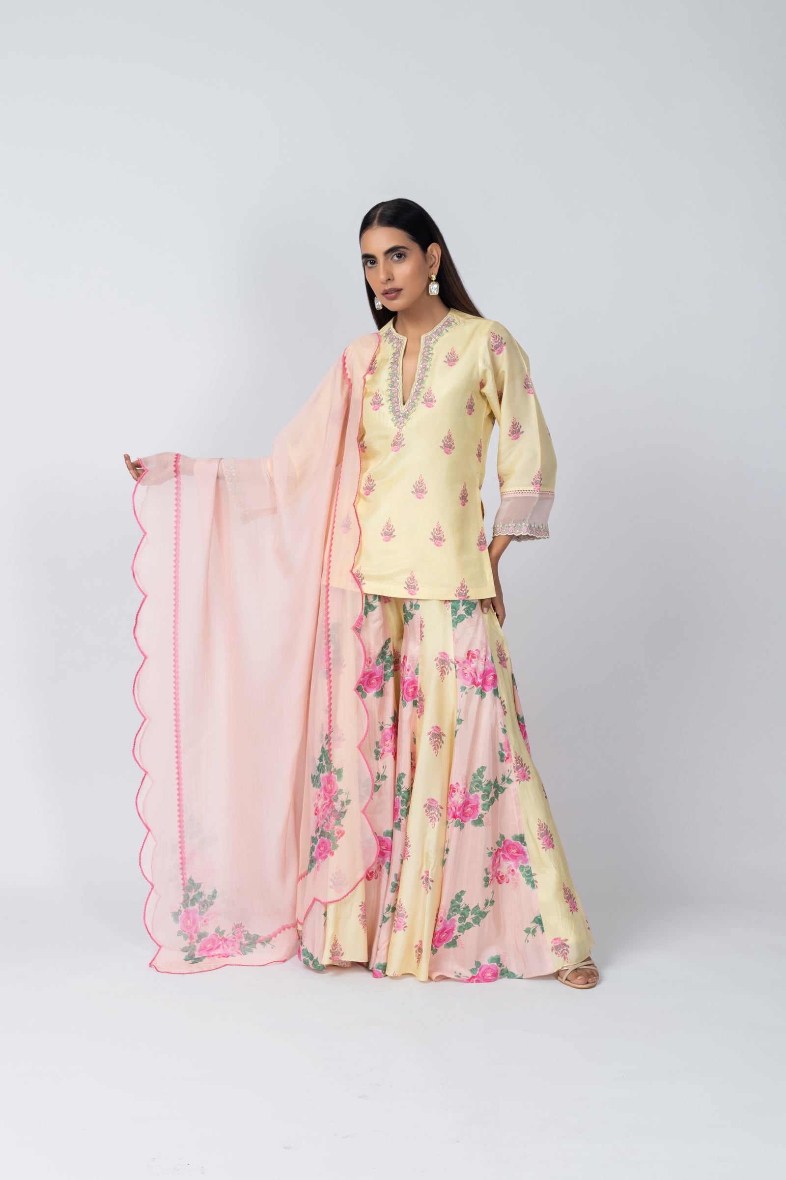 Embroidered Sleeves Silk Shabana Set with Sharara