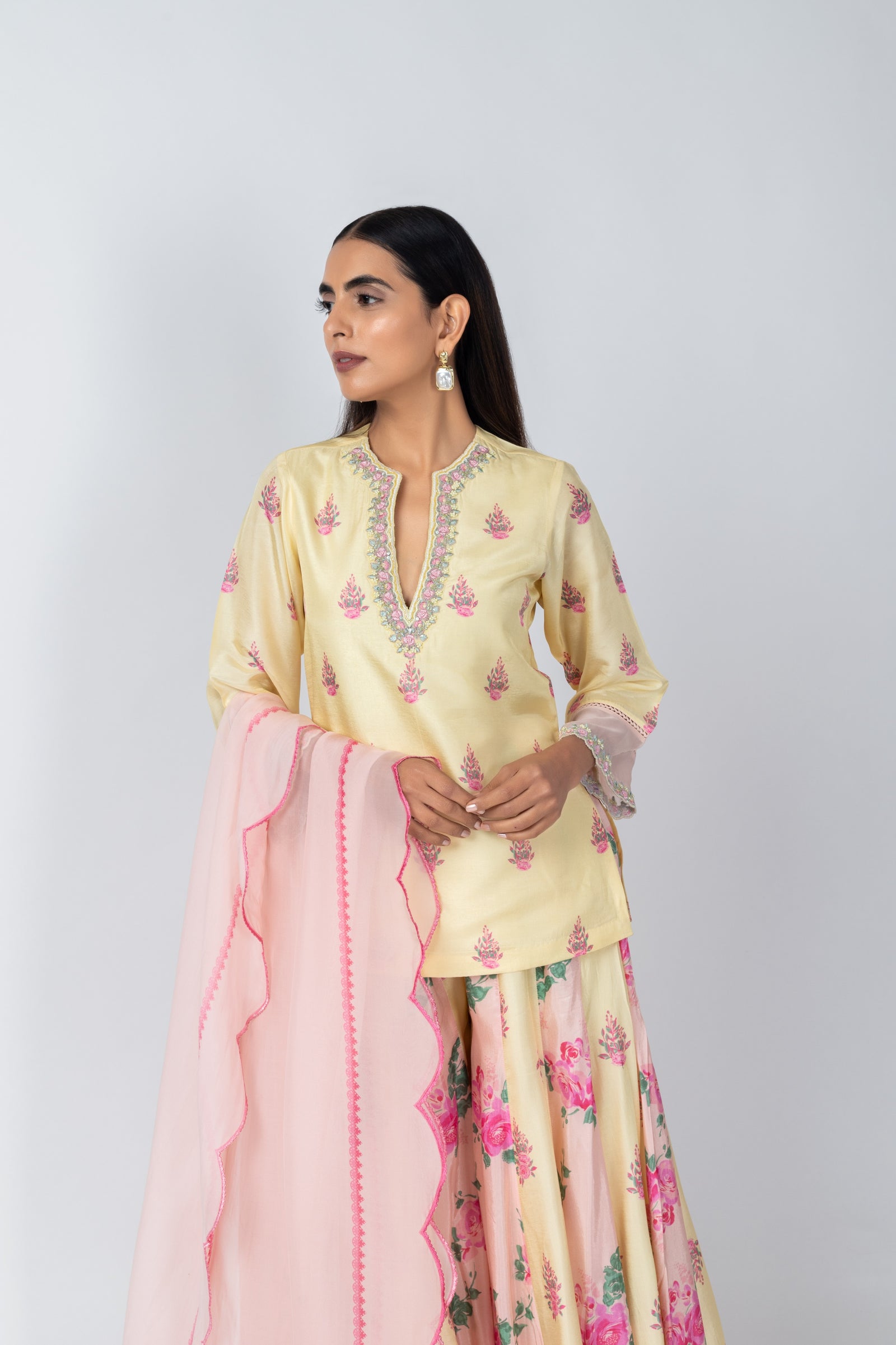 Embroidered Sleeves Silk Shabana Set with Sharara
