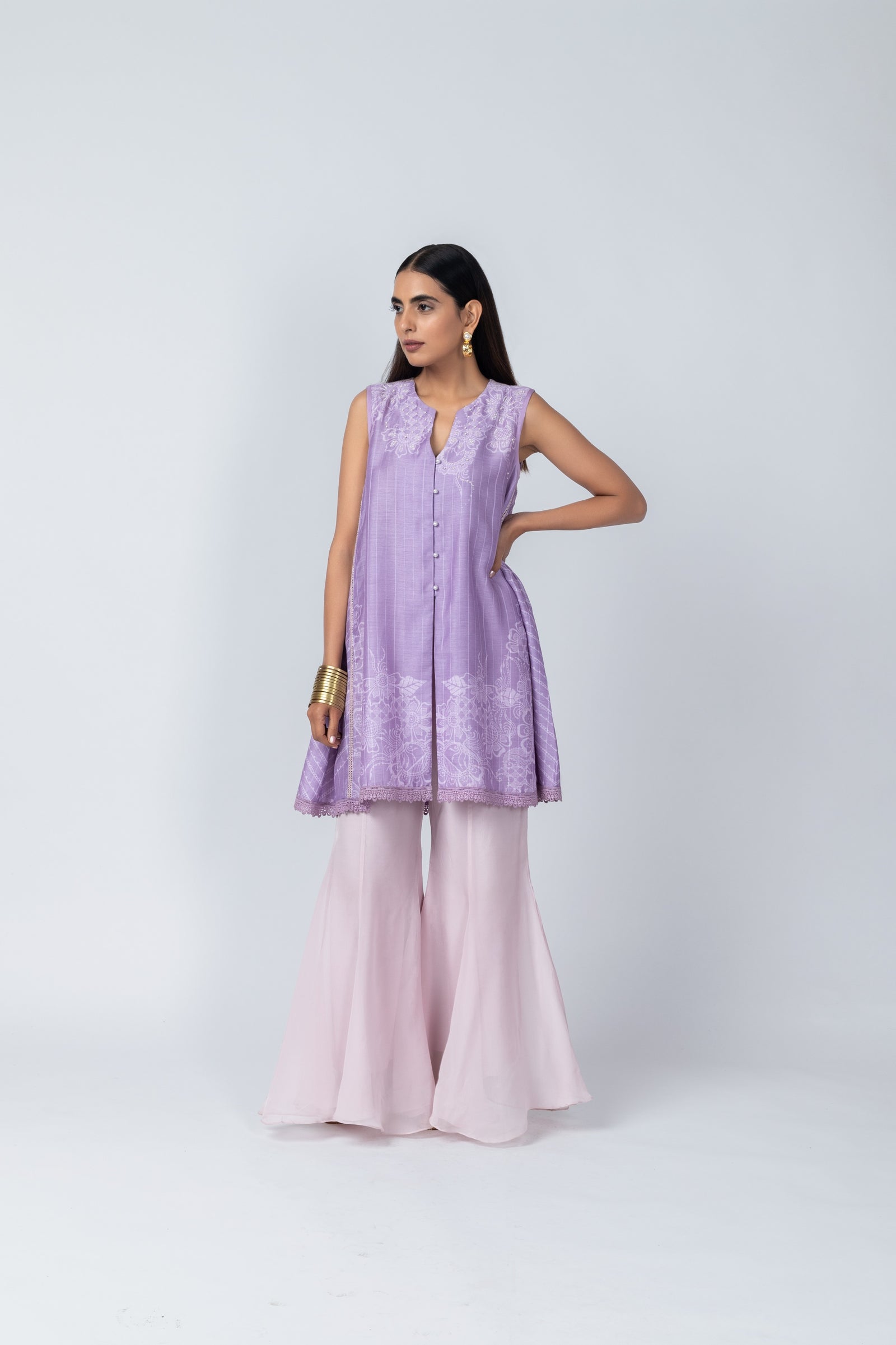 Lilac Floral Tunic & Shimmering Sharara Set