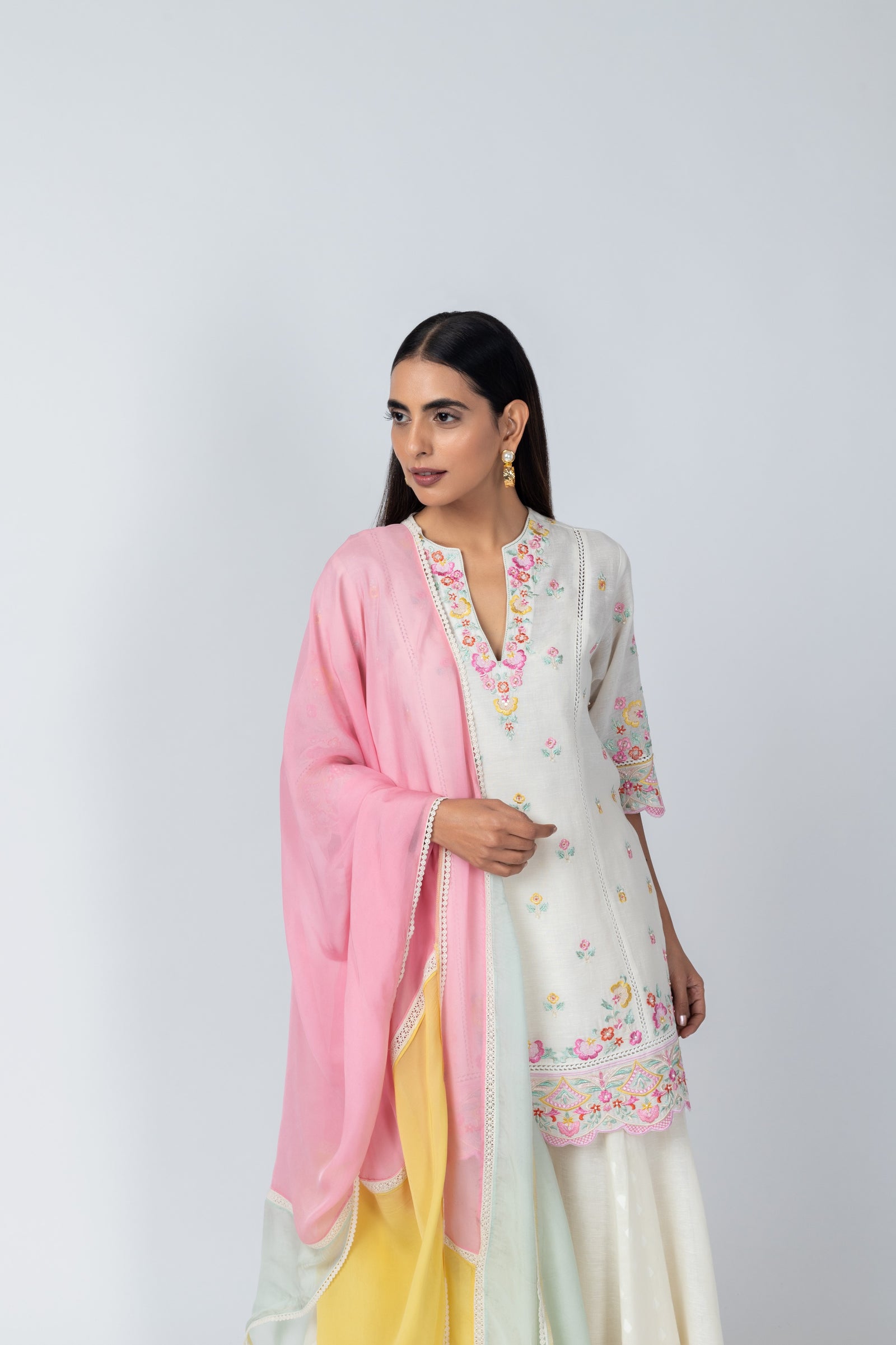 Natural Linen Kurta with Jacquard Sharara