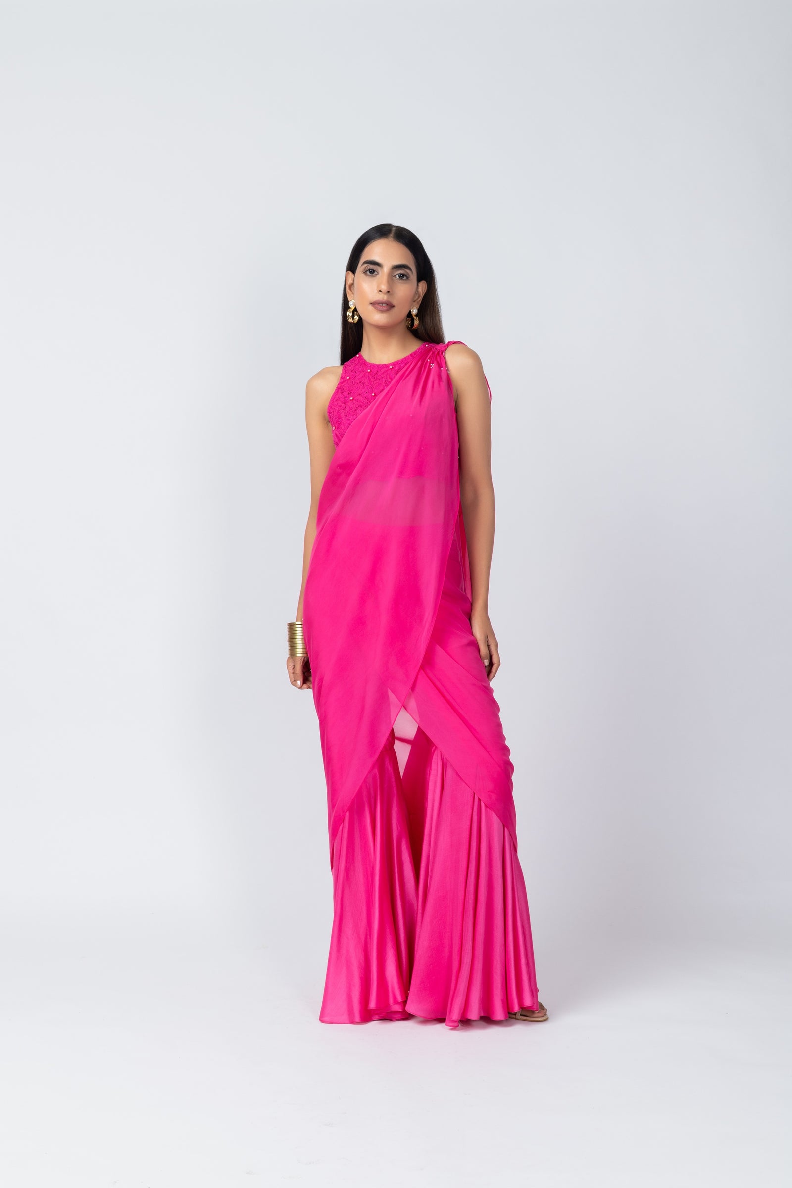 Hot Pink Organza Halter Neck schiffli embroidery Top & Sharara Set