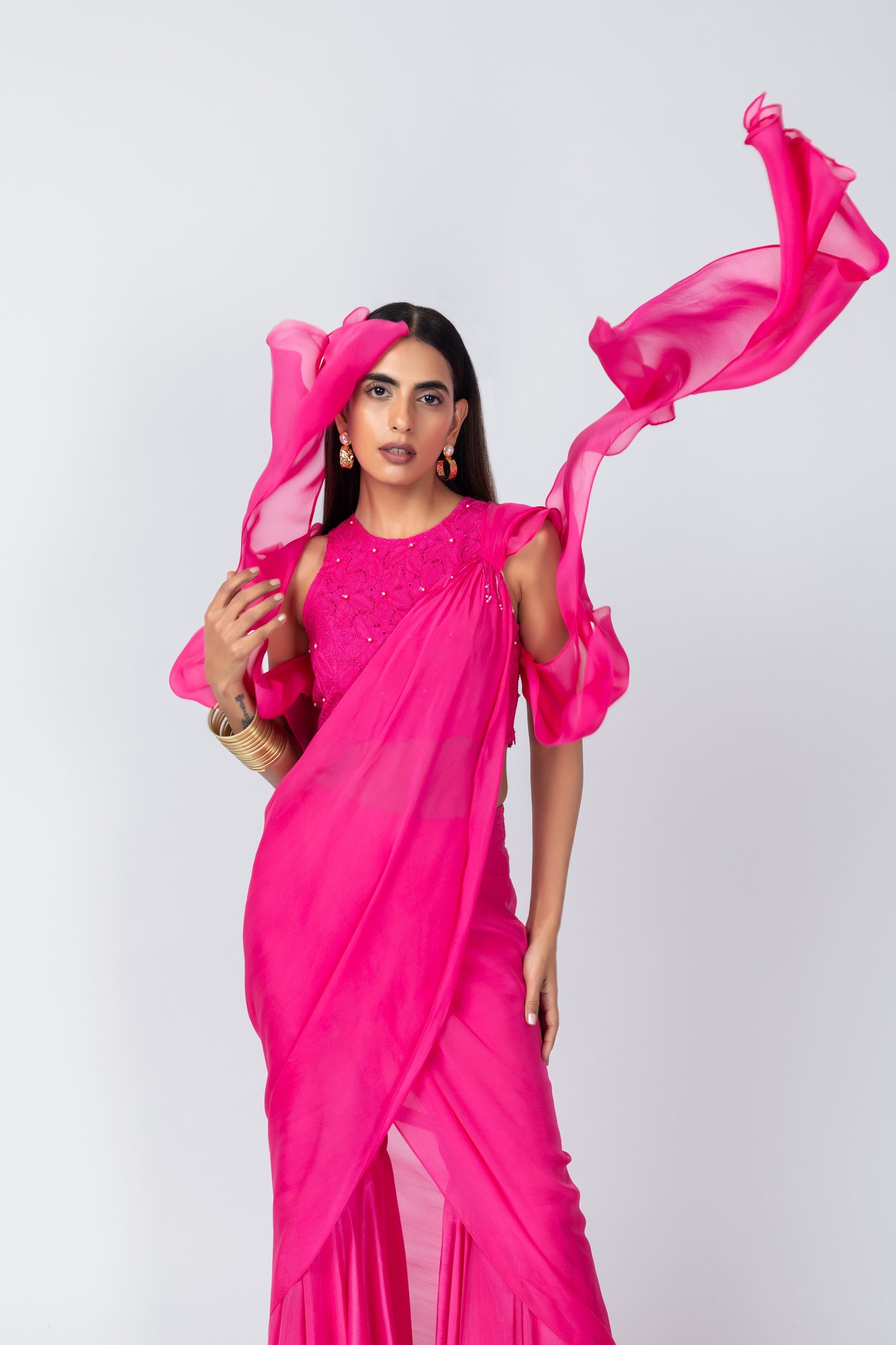 Hot Pink Organza Halter Neck schiffli embroidery Top & Sharara Set