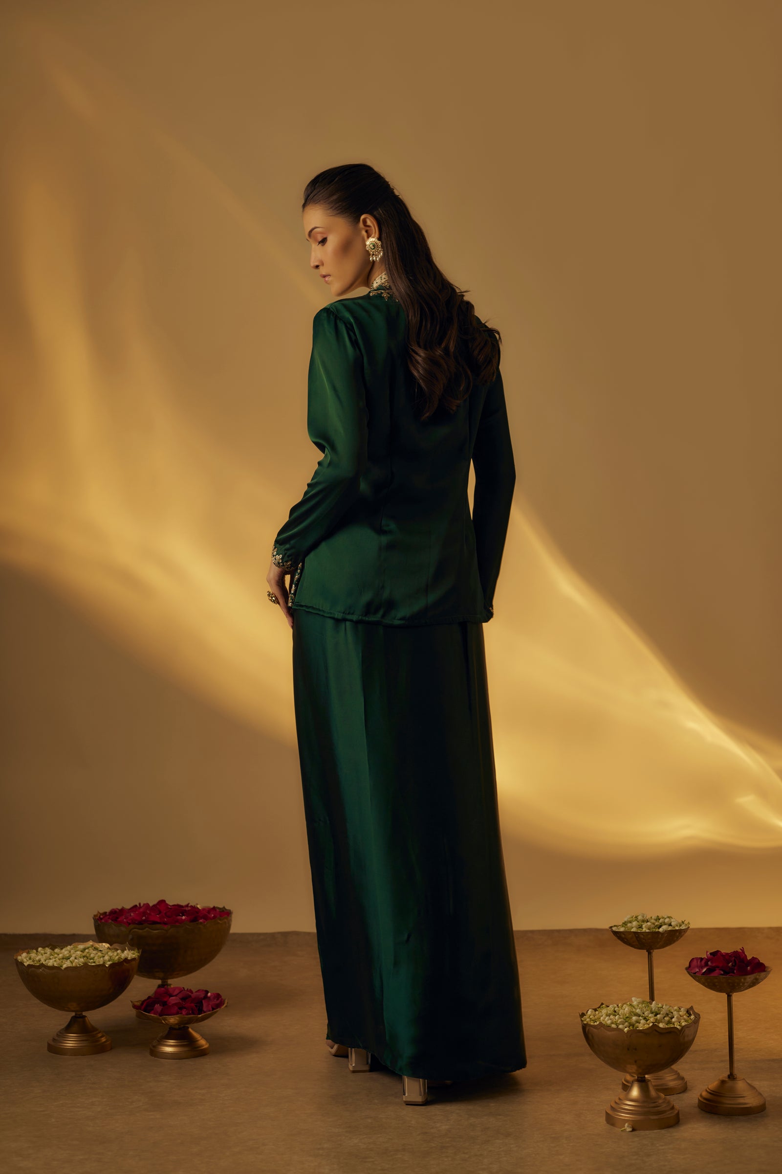 Forest Green Satin Jacket with Saree Drape Skirt
