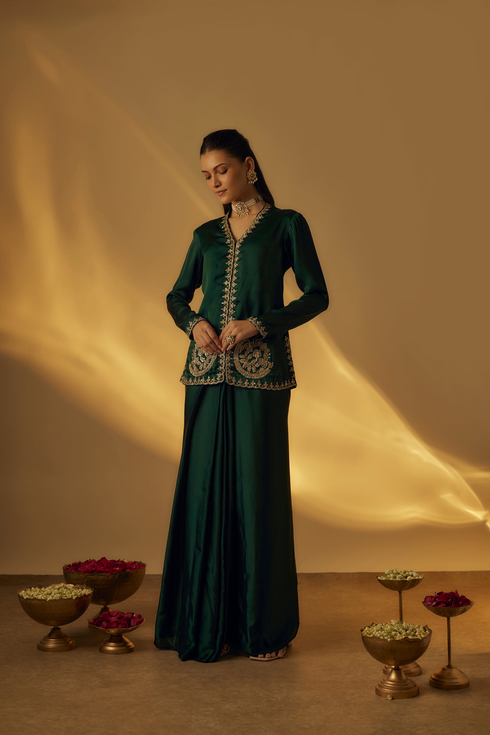 Forest Green Satin Jacket with Saree Drape Skirt