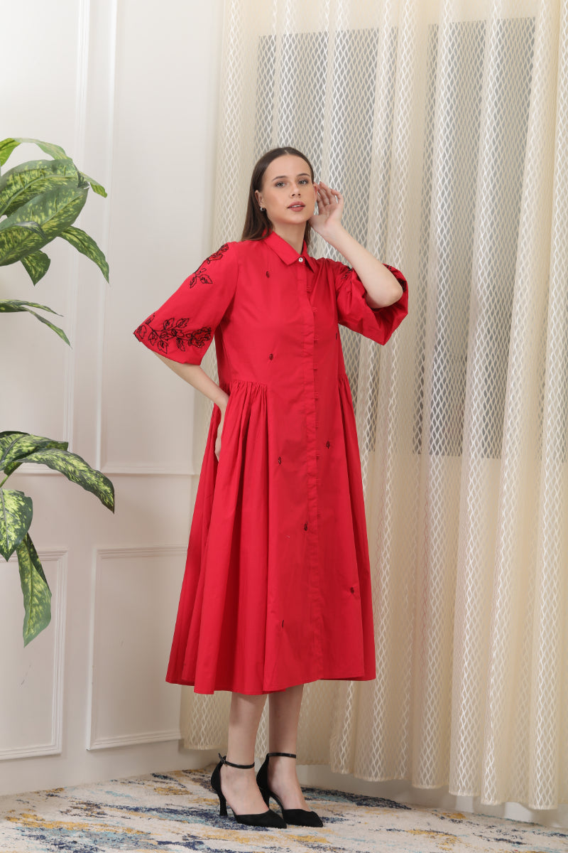 Striking Crimson Red Poplin Shirt Dress