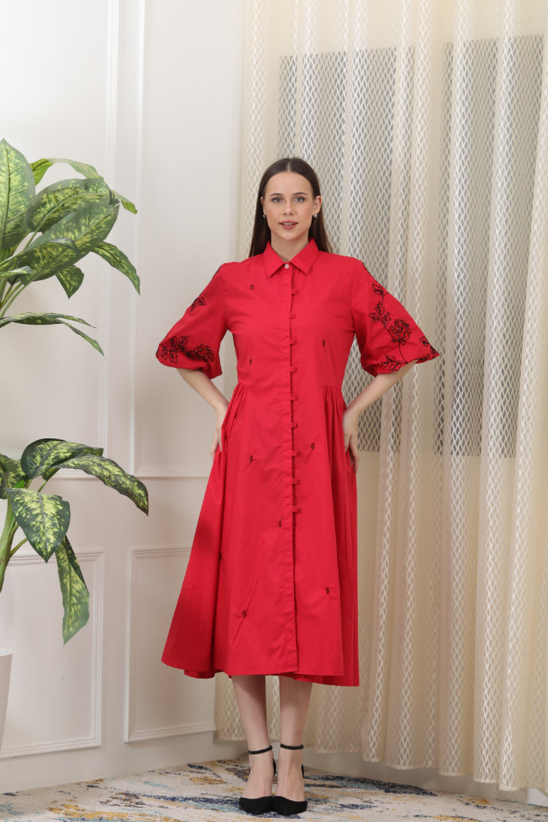 Striking Crimson Red Poplin Shirt Dress