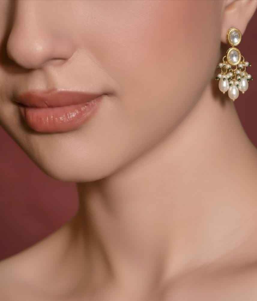Double Kundan Drop Jhumki with Pearl & Emerald Tassels