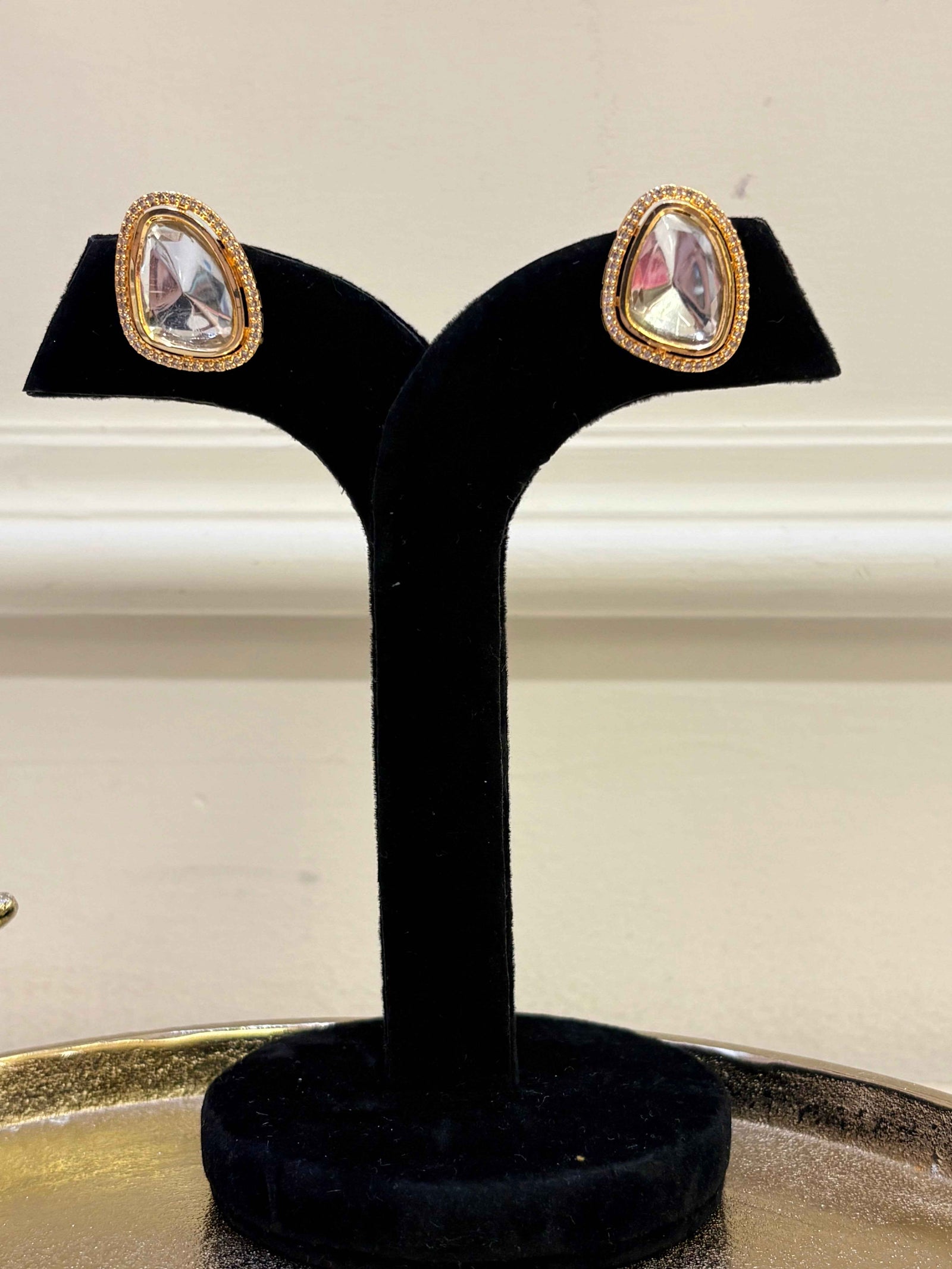 Geometric Polki Studs with Pearl-Bead Border