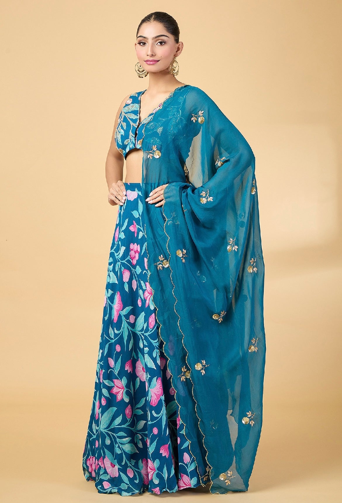 Teal blue printed georgette lehenga