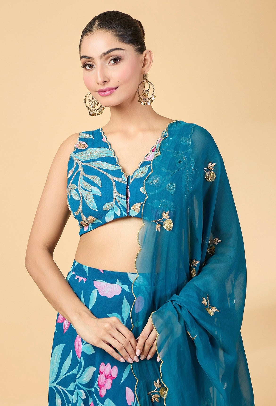 Teal blue printed georgette lehenga