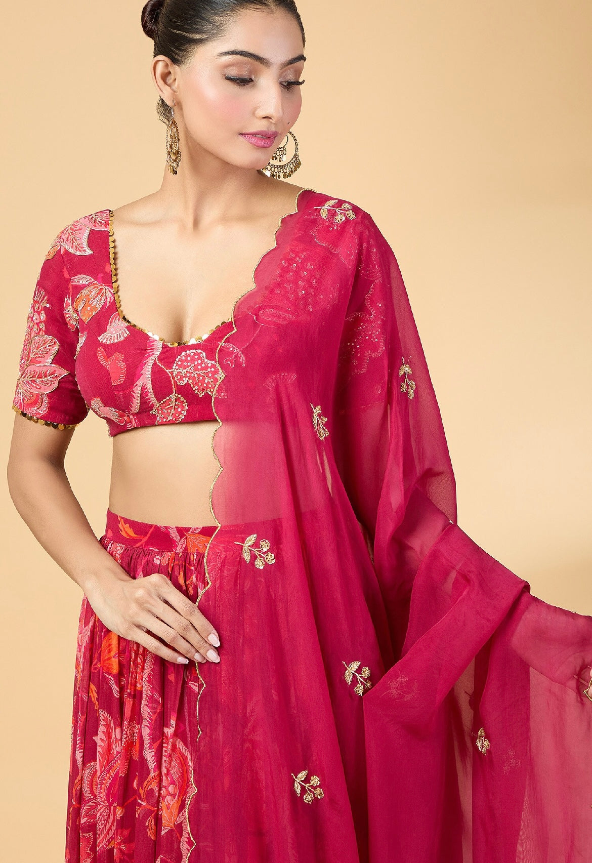 Maroon printed georgette lehenga