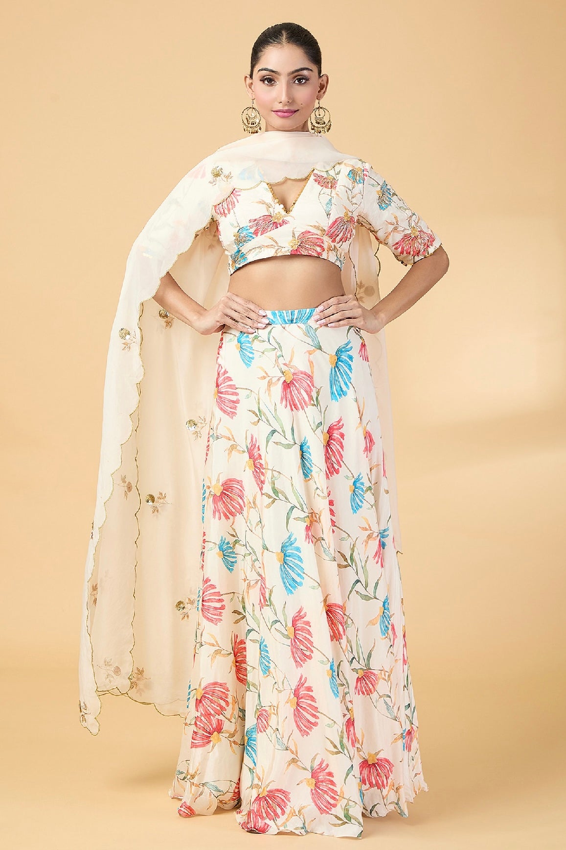 Offwhite printed georgette lehenga