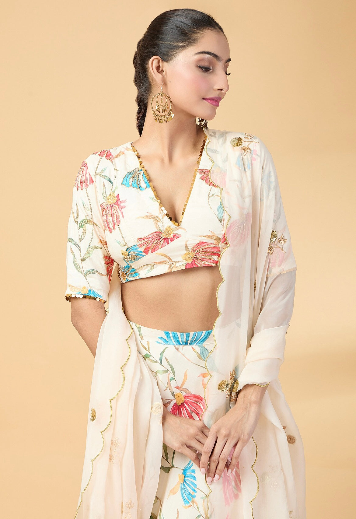 Offwhite printed georgette lehenga