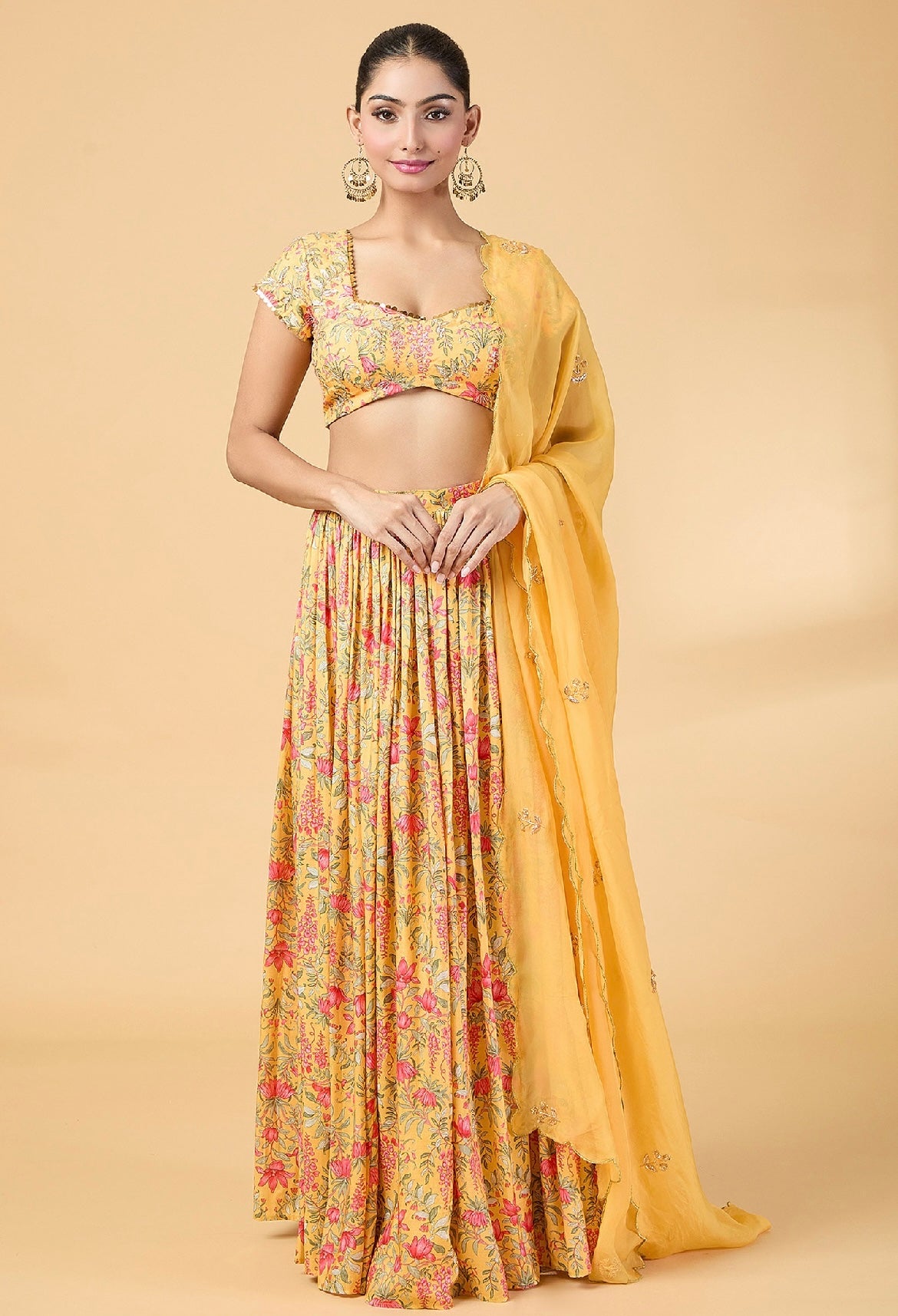 Yellow floral printed georgette