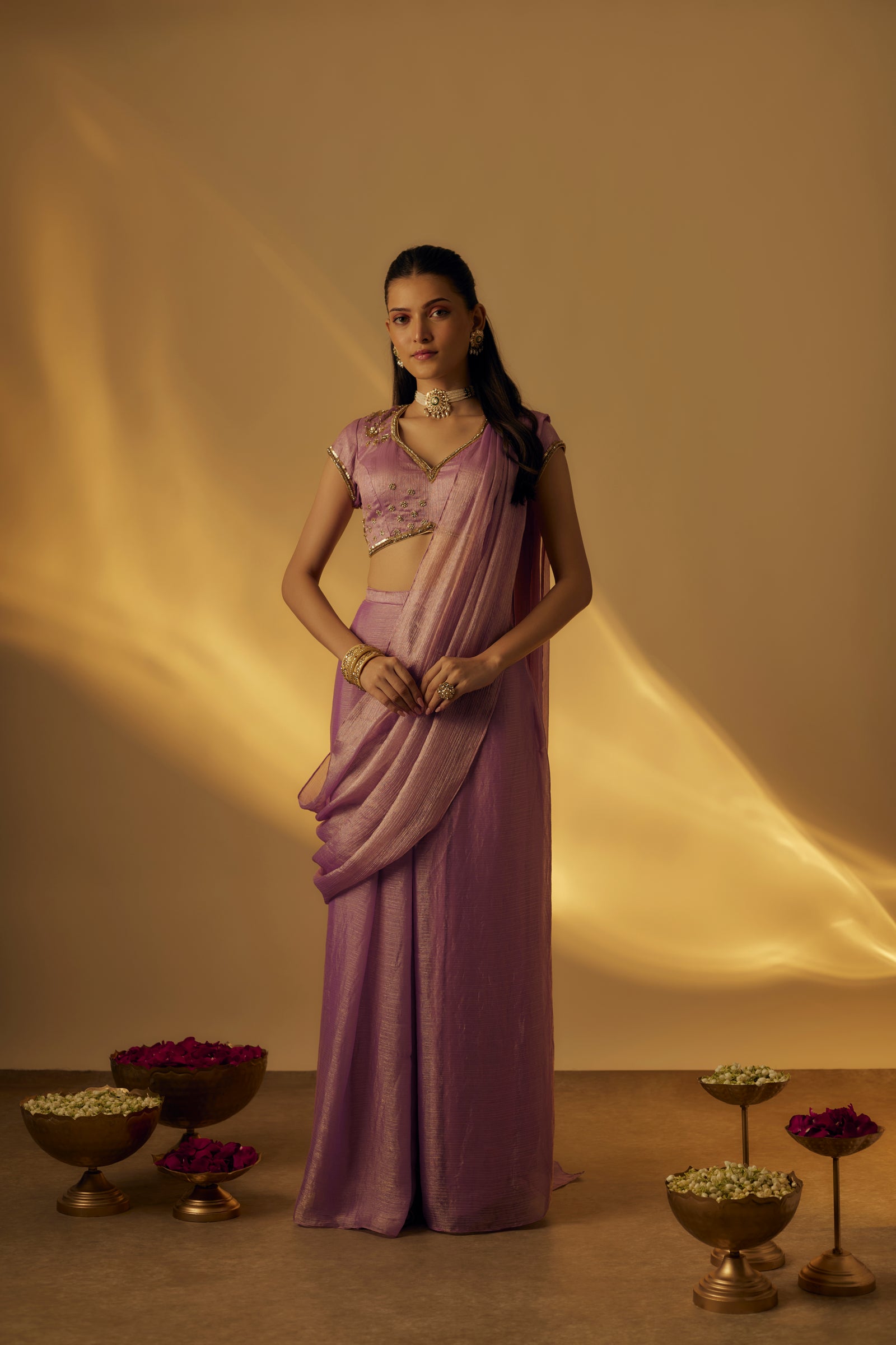 Lavender Pre-Drape Saree Set