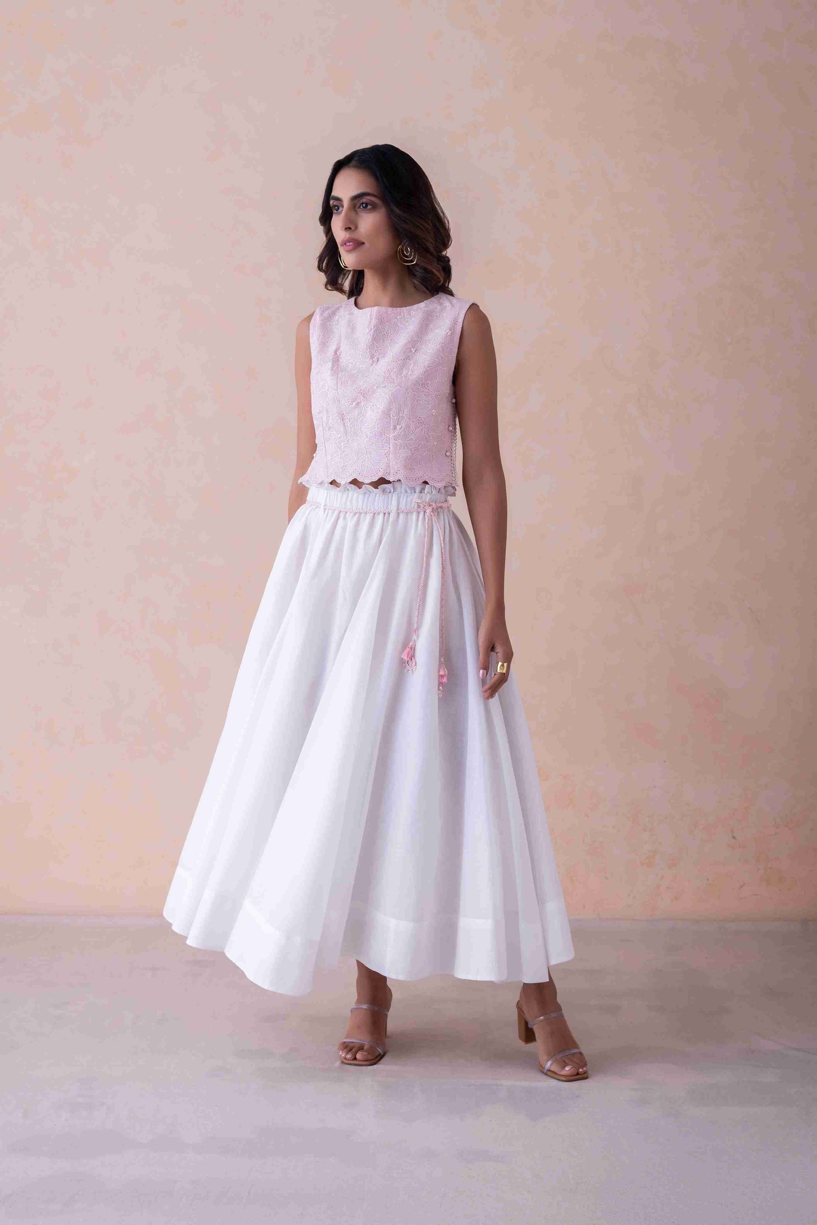 Blush Schiffli Cropped Top & White Flared Skirt
