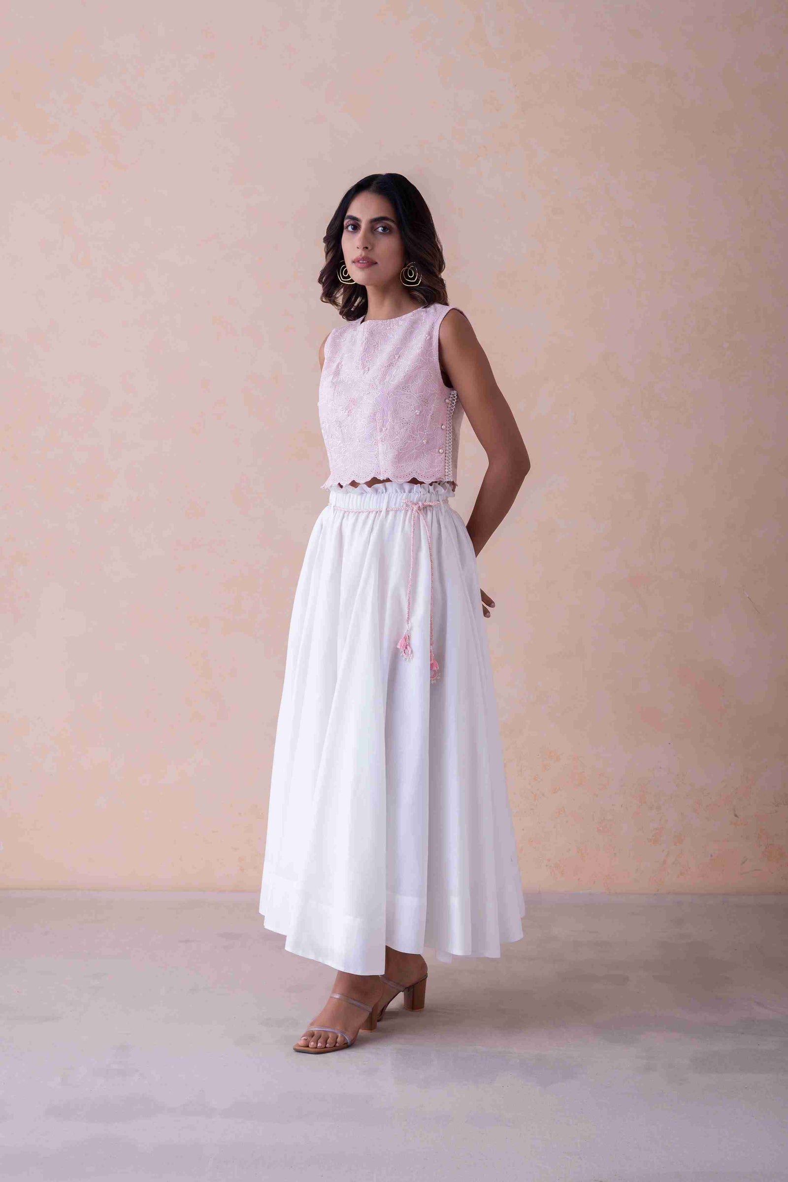Blush Schiffli Cropped Top & White Flared Skirt