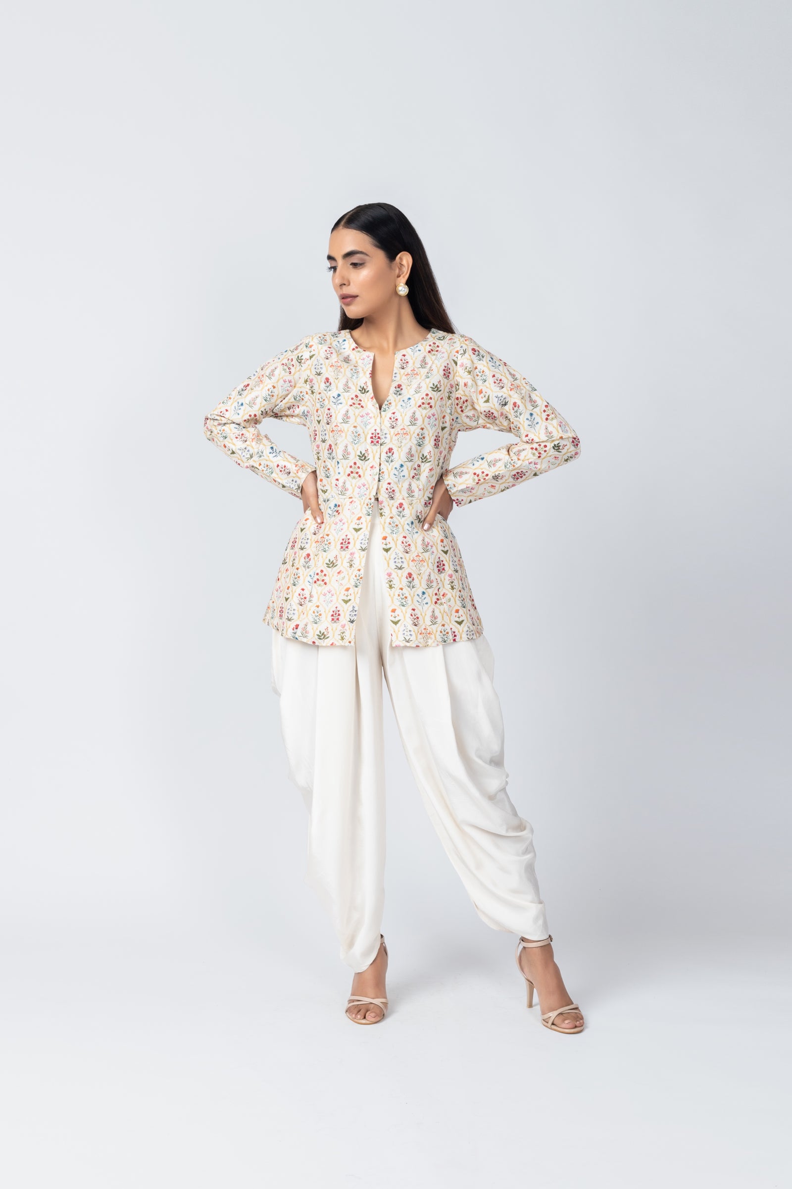 Handwork Mirza Jacket Set with Ivory Dhoti