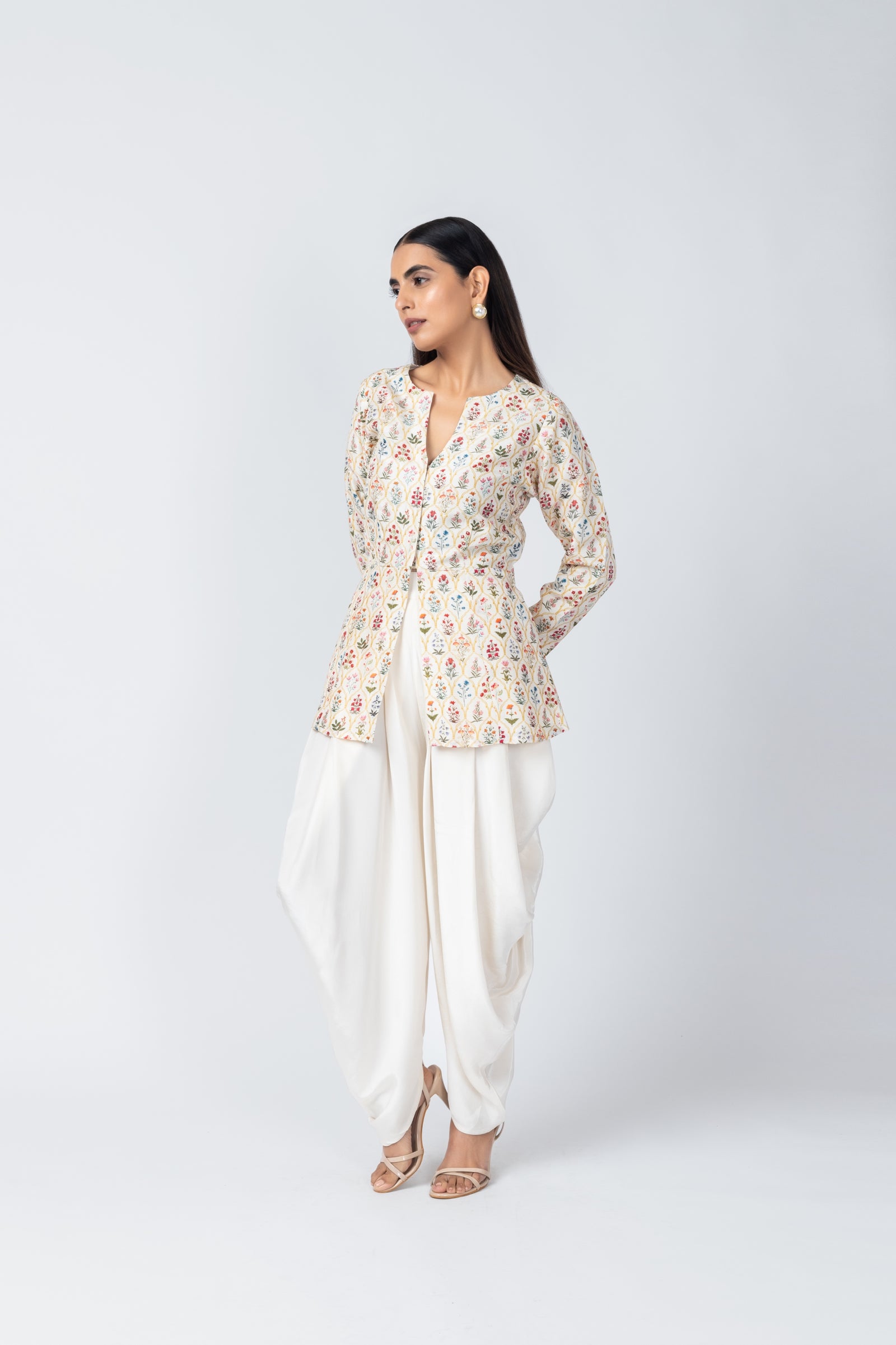 Handwork Mirza Jacket Set with Ivory Dhoti