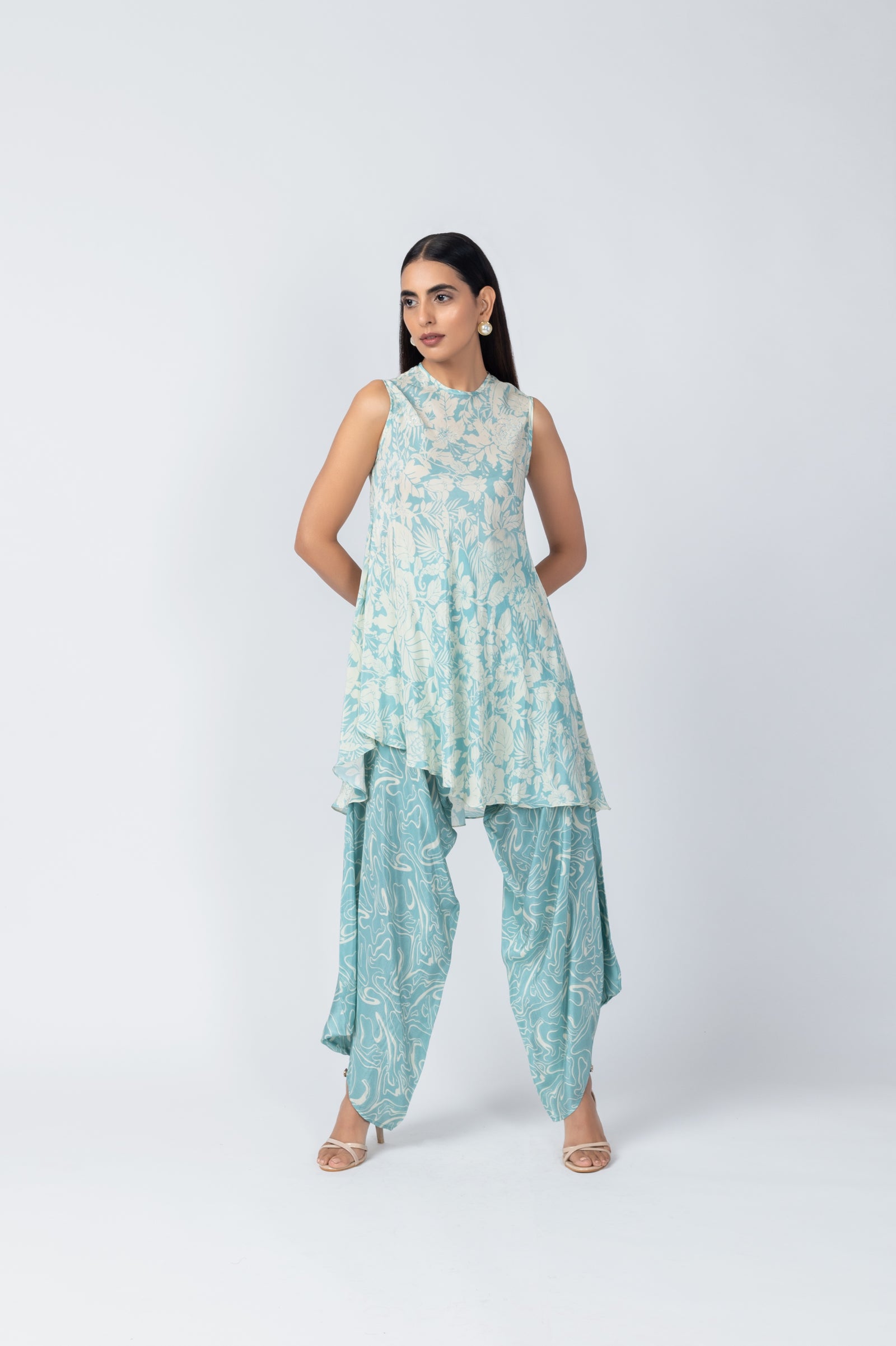 Ice-Blue Floral Kurta Tunic & Textured Crepe Dhoti