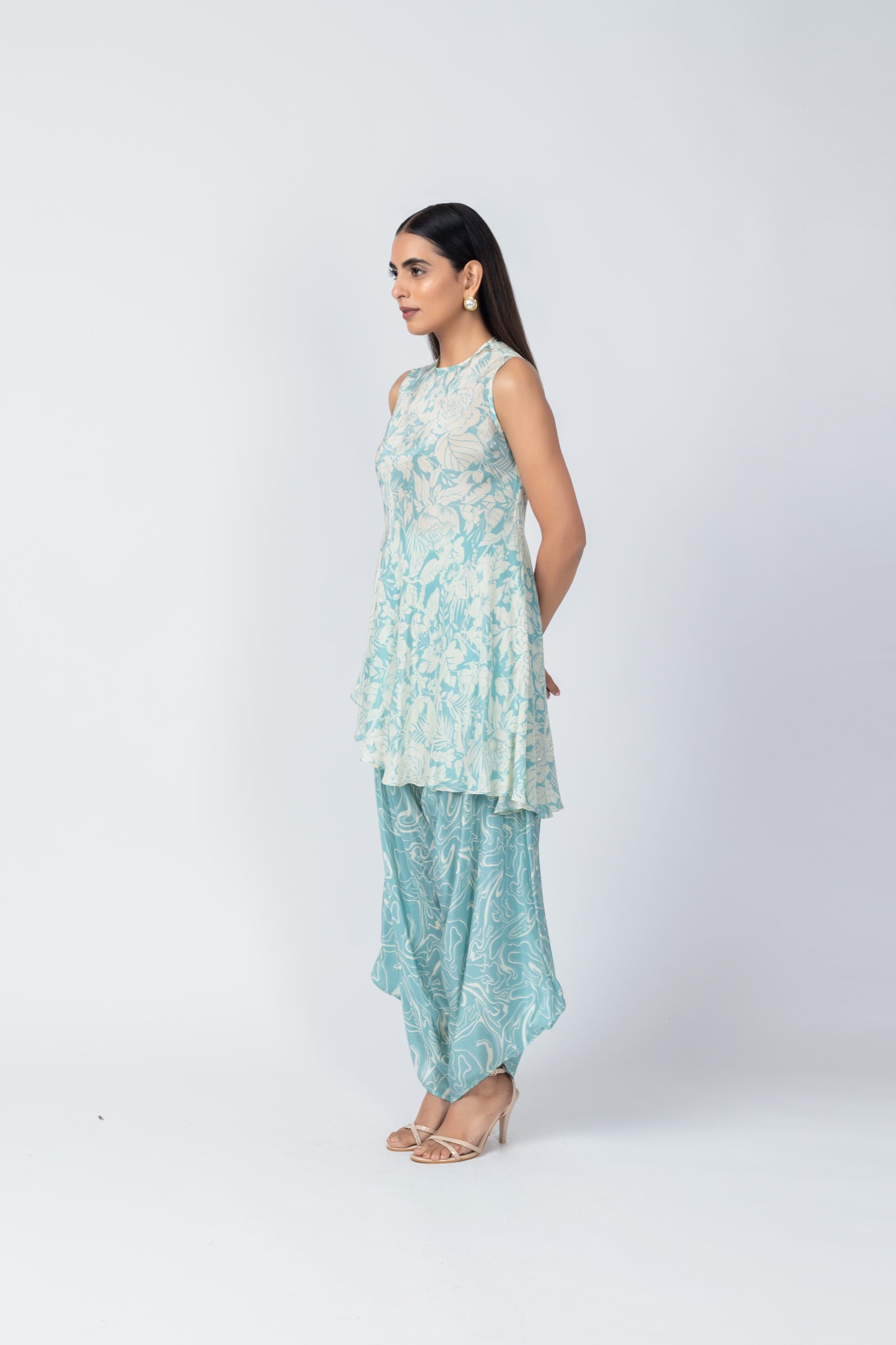 Ice-Blue Floral Kurta Tunic & Textured Crepe Dhoti