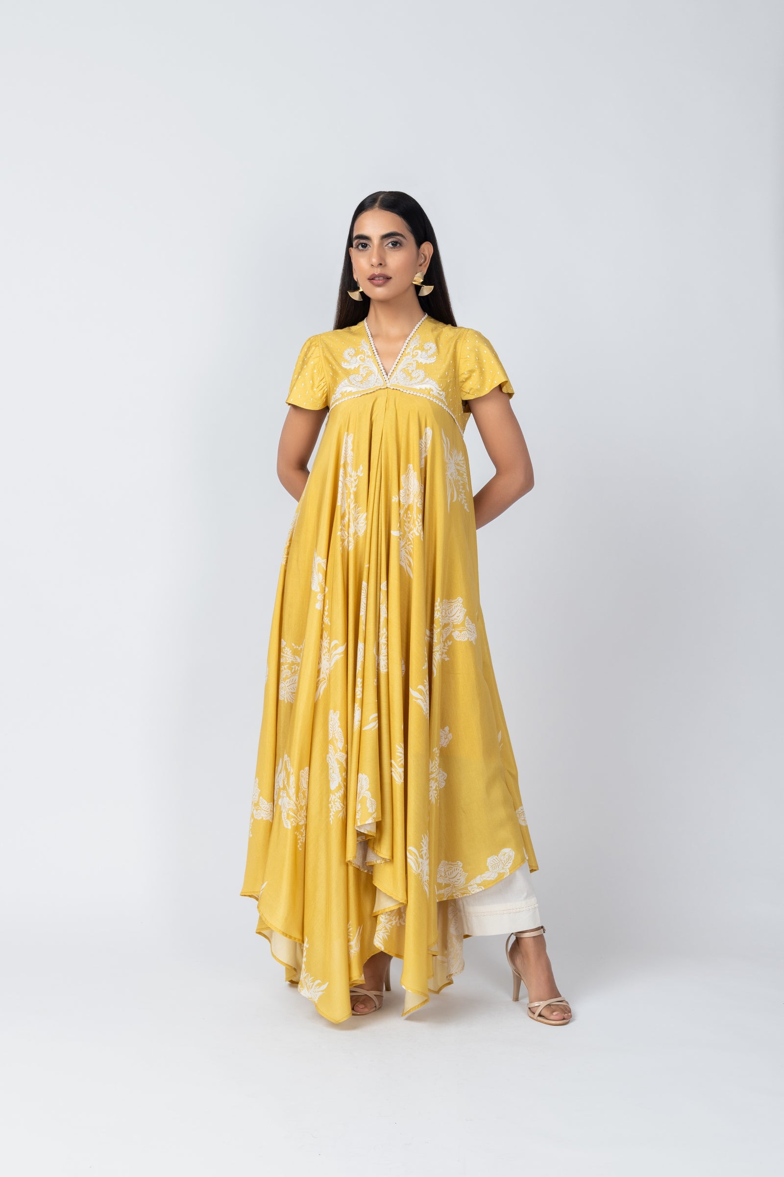 Floral Embroidered Yellow Kurta with Ivory Straight Pants