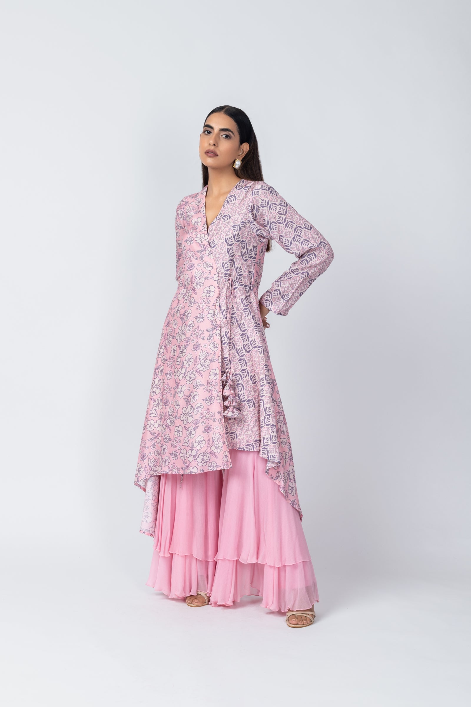 Wrap Asymmetric Printed Kurta with Baby Pink Sharara