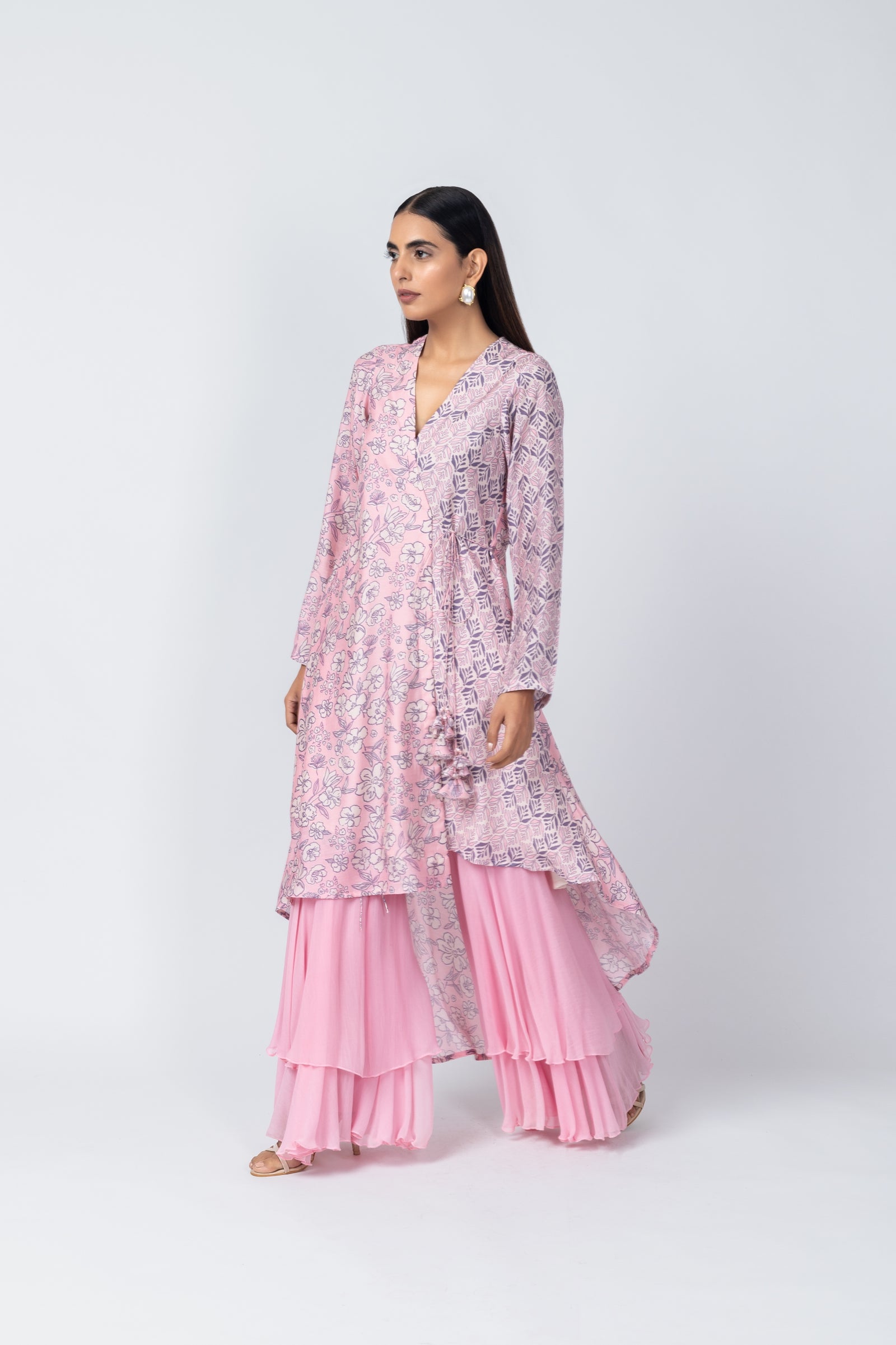 Wrap Asymmetric Printed Kurta with Baby Pink Sharara