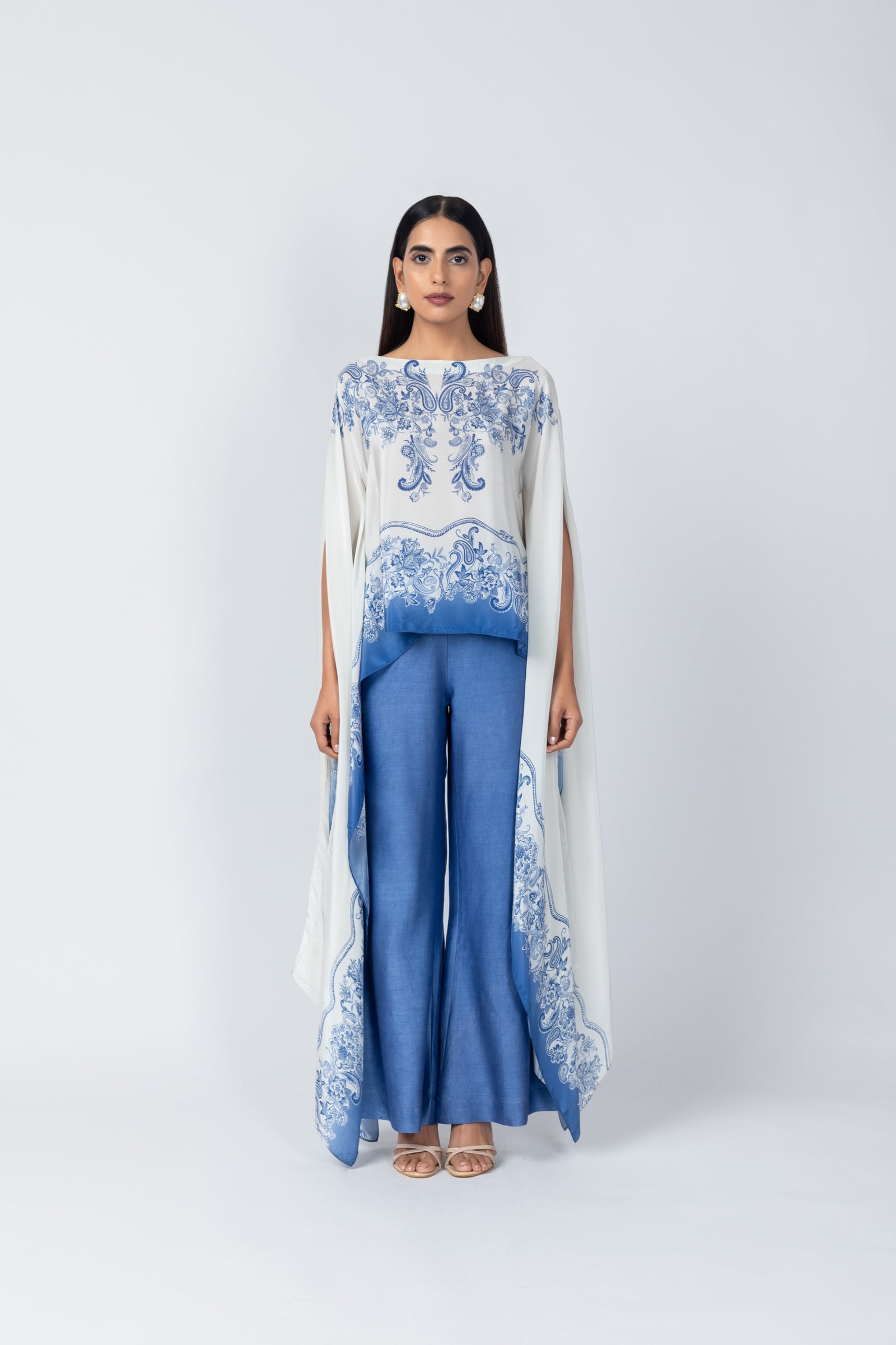 Ivory & Blue Flowy Cape Sleeves Top with pant