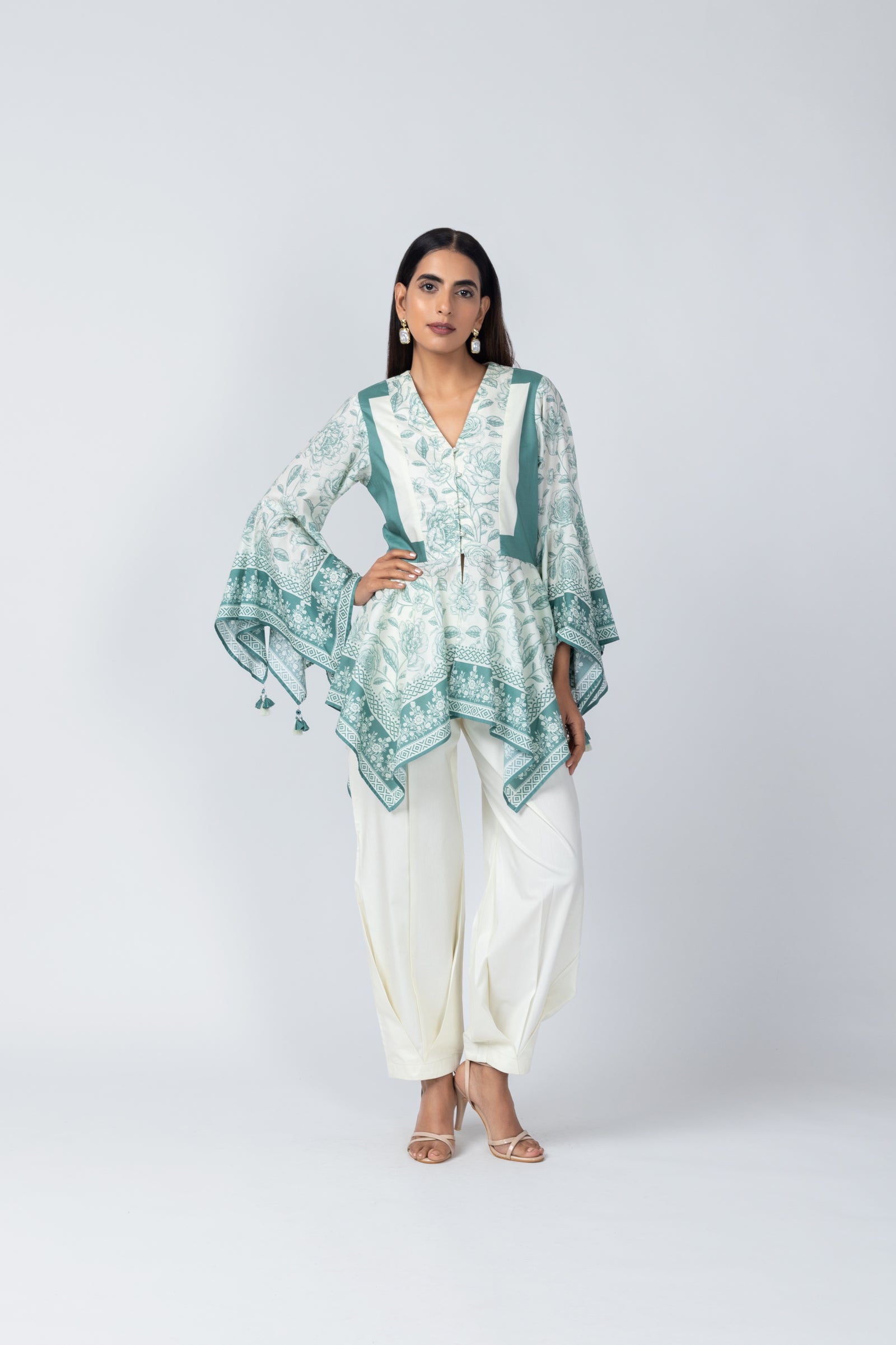Flared Sleeves Delicate Tassel top with Ivory Crape Dhoti