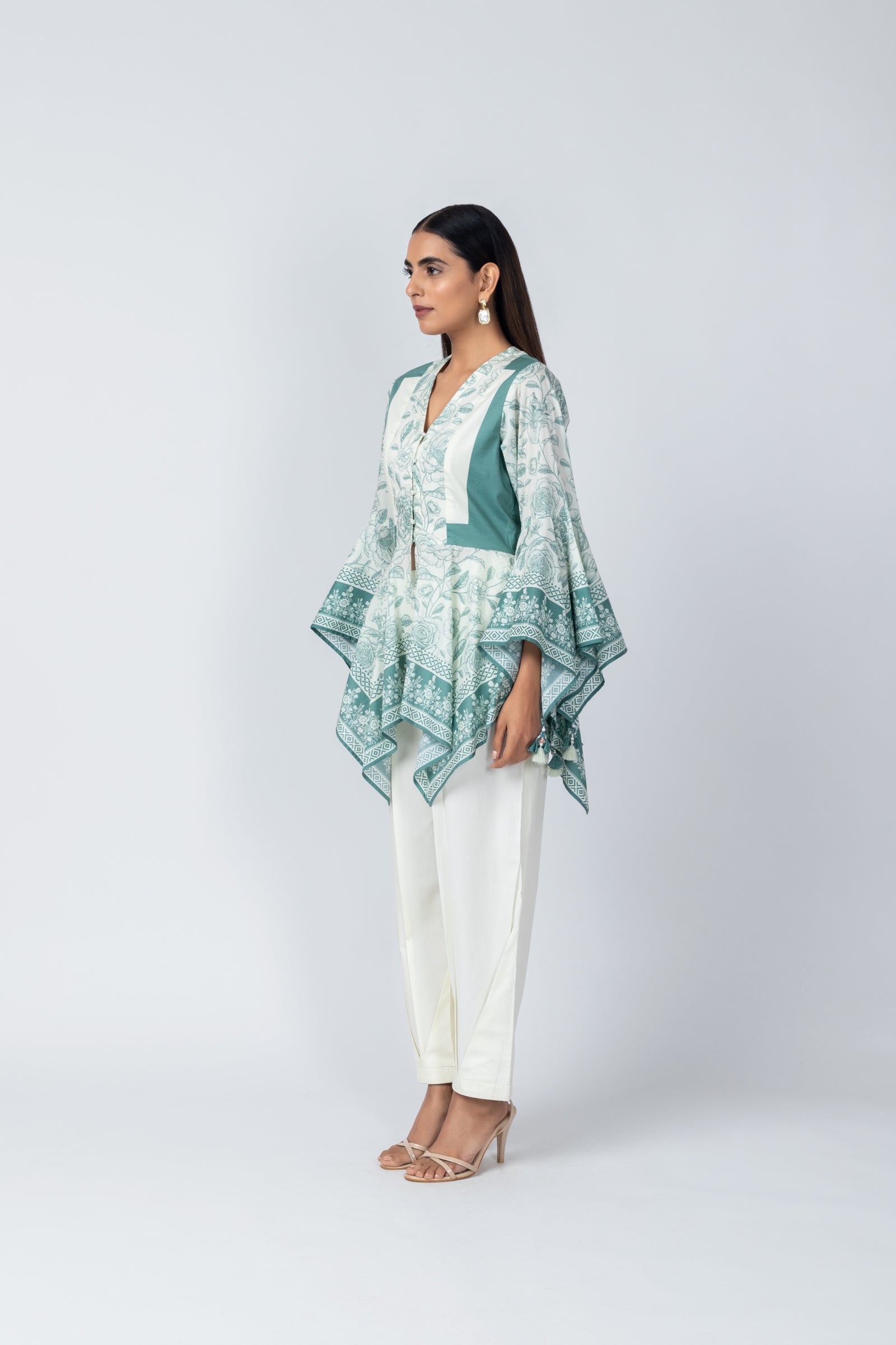 Flared Sleeves Delicate Tassel top with Ivory Crape Dhoti