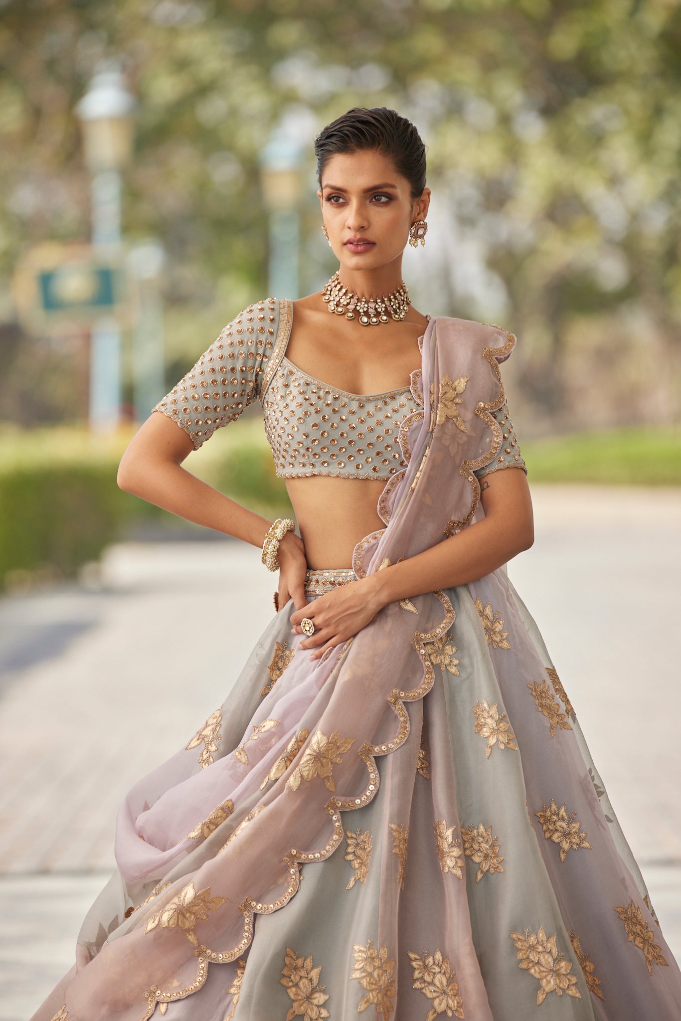 Powder Grey Flower Lehenga Set