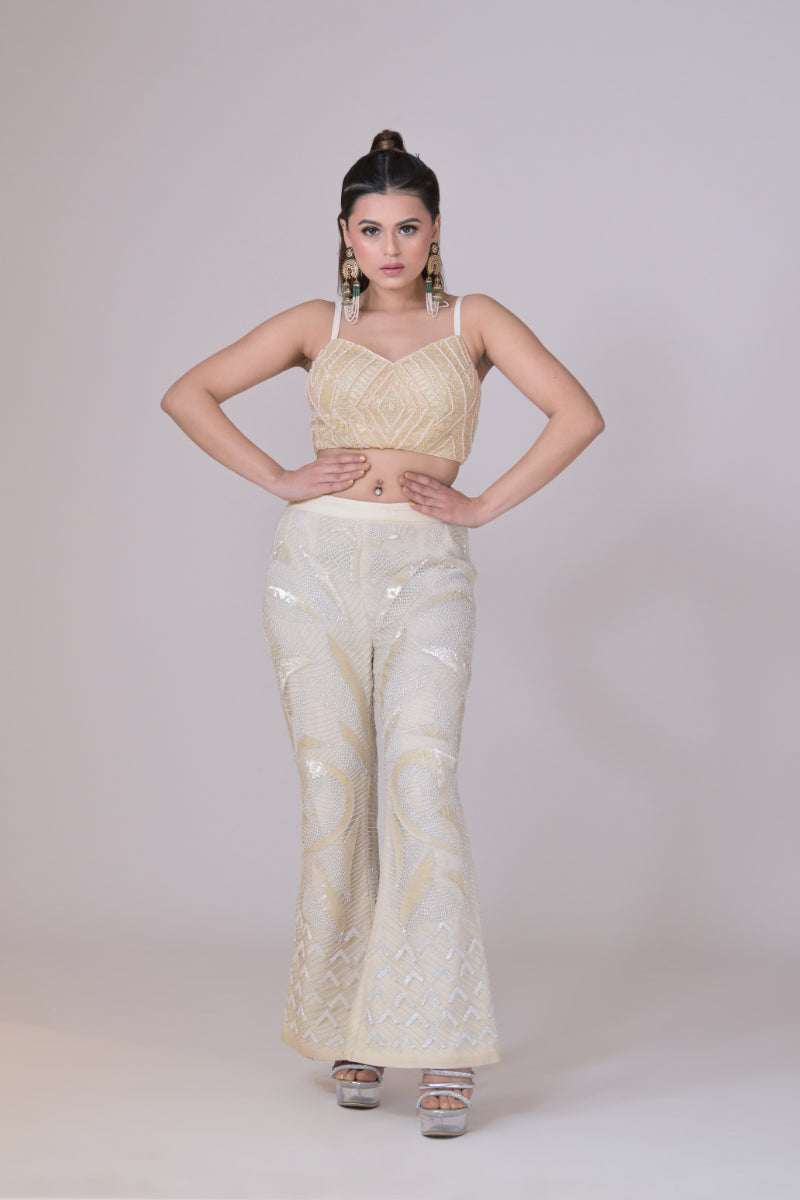 Ivory off Shoulder Crop Top with Emblished Pants