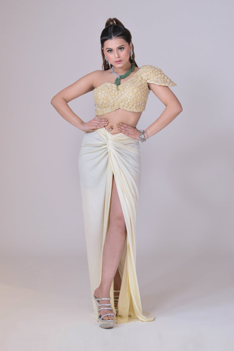 Ivory off Shoulder Crop Top with Emblished Pants