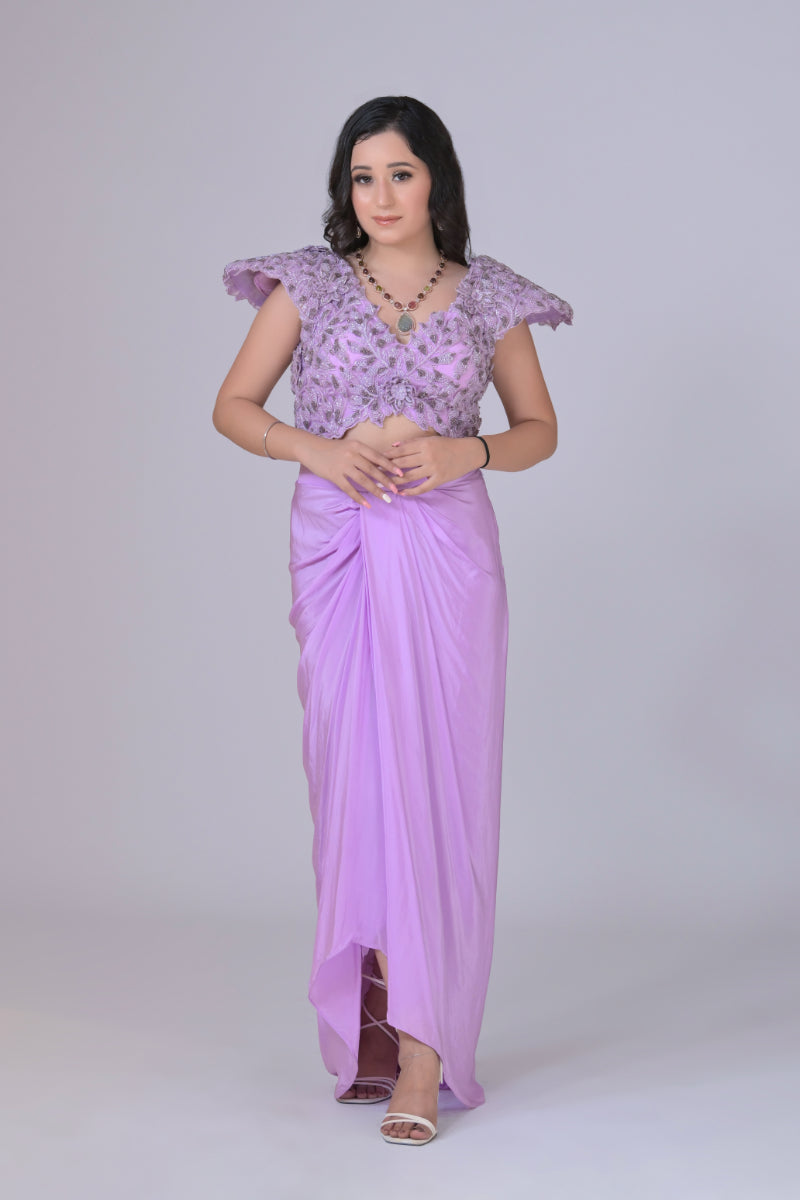 Lilac Power Shoulder Crop Top and Skirt Set