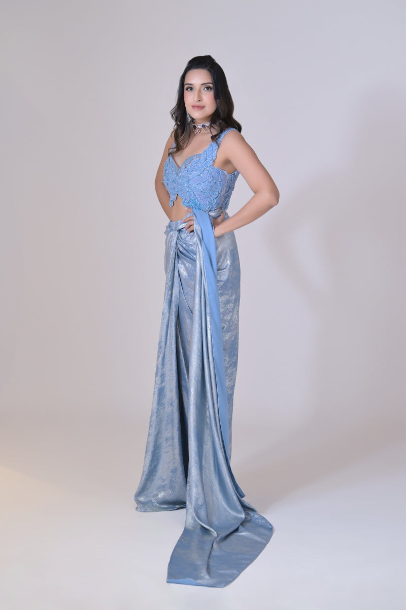 3D Hand Embroidary Shimmer Saree Set