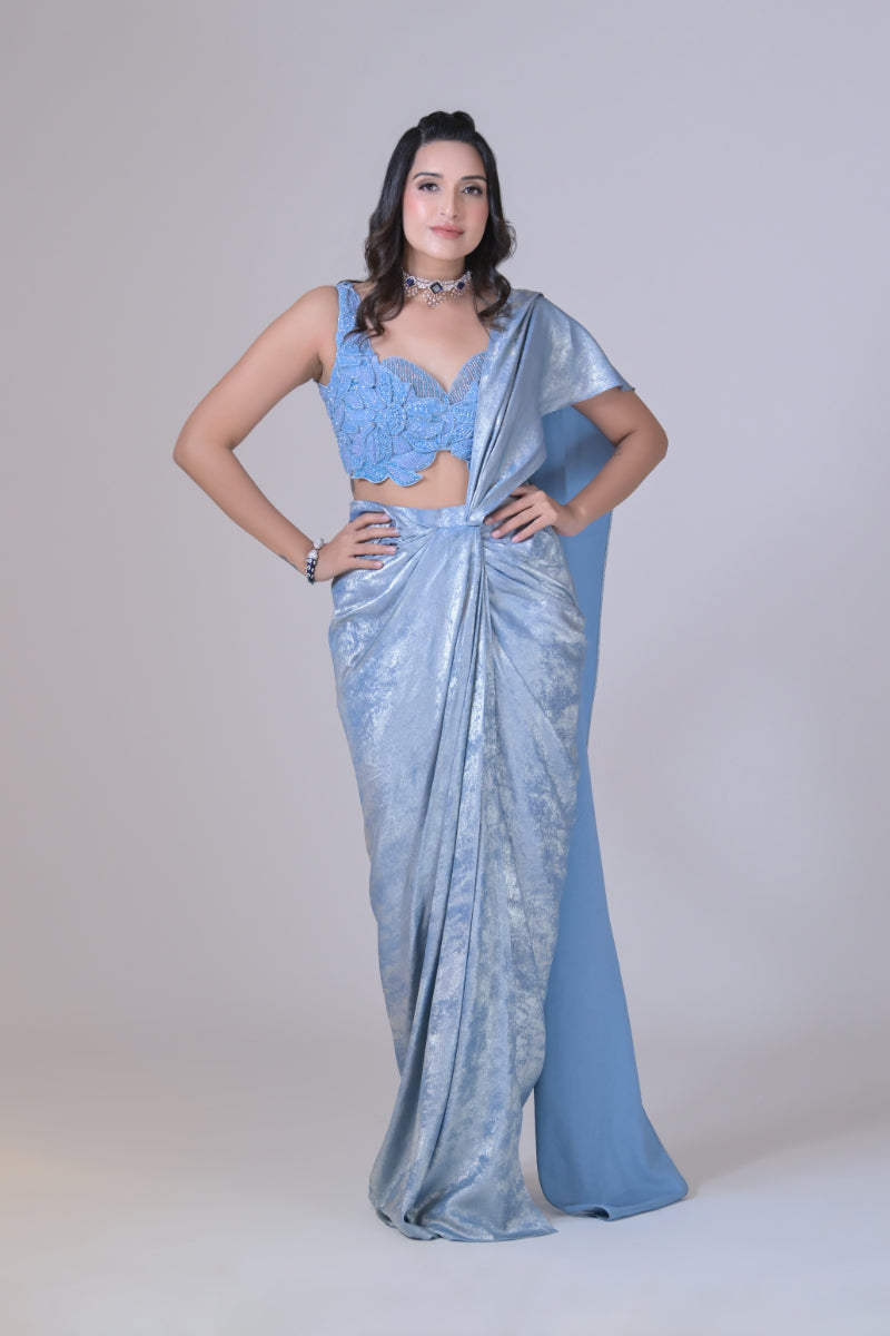 3D Hand Embroidary Shimmer Saree Set