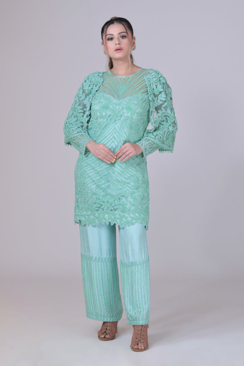 Mint Green Emblished Short Shirt with Crepe Sleeves