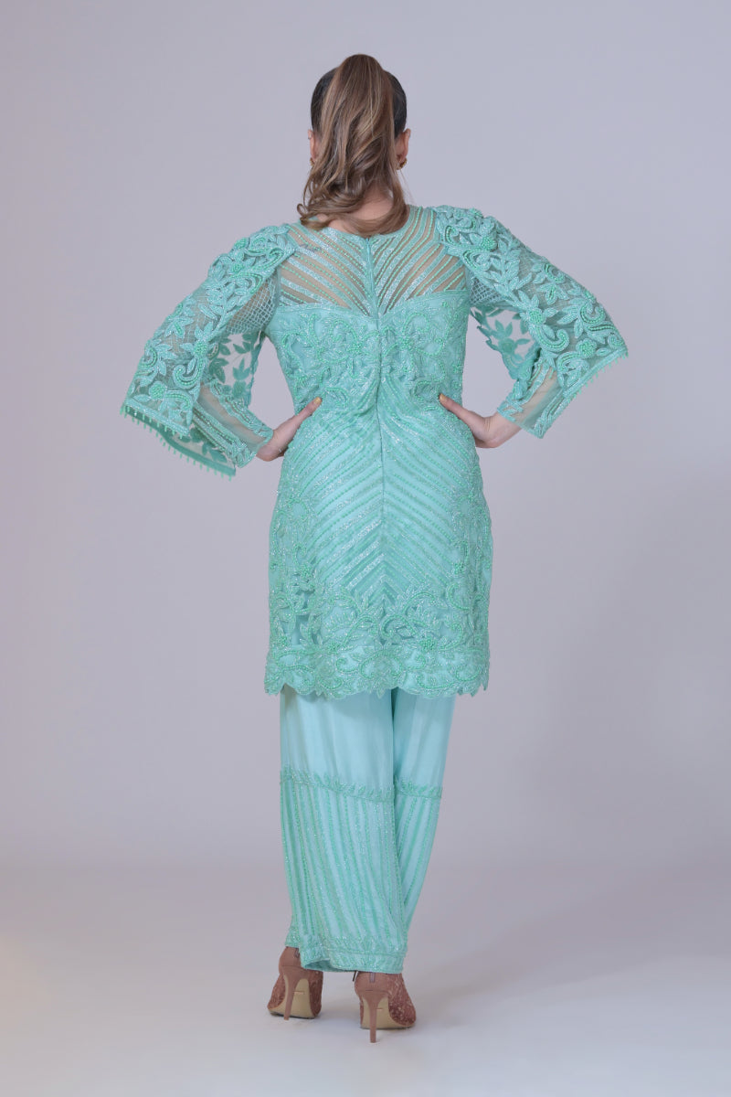 Mint Green Emblished Short Shirt with Crepe Sleeves