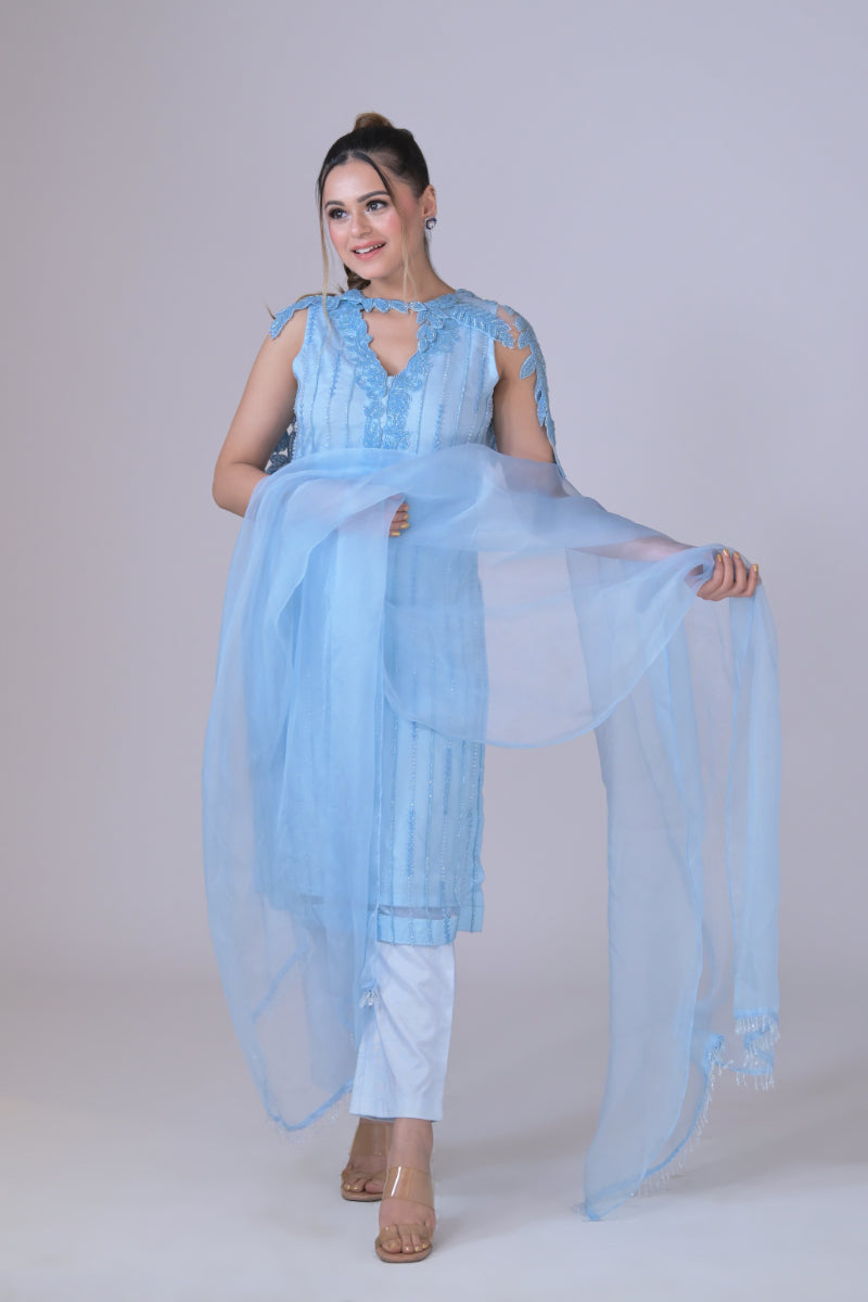 A ice blue organza straight shirt with all handwork