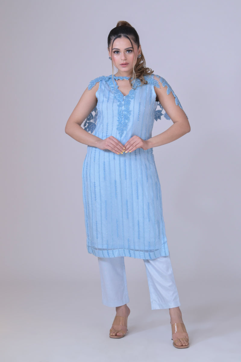 A ice blue organza straight shirt with all handwork