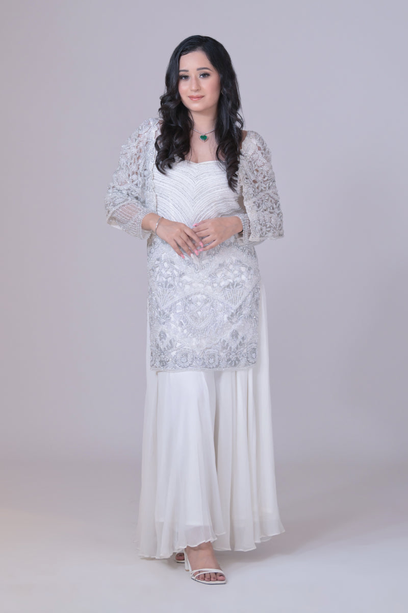 White Emblished Short Shirt with Cape Sleeves and Sharara