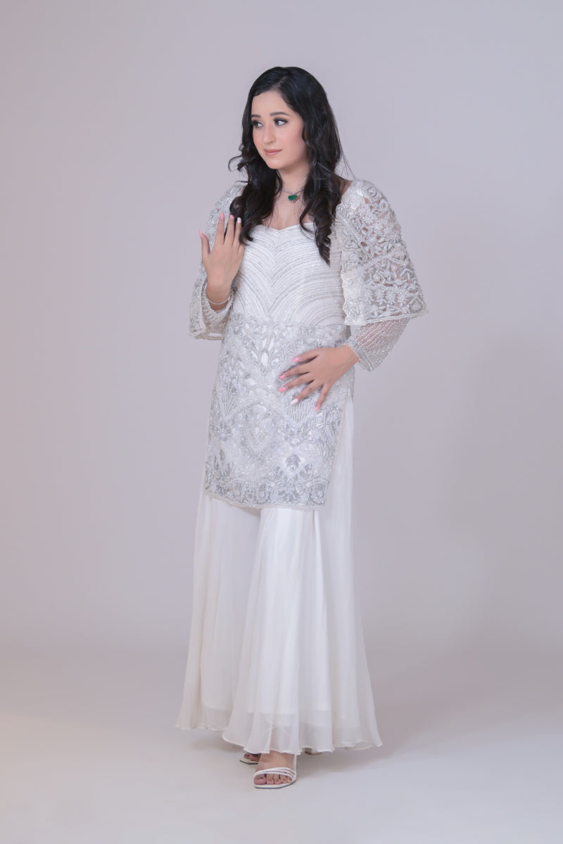 White Emblished Short Shirt with Cape Sleeves and Sharara