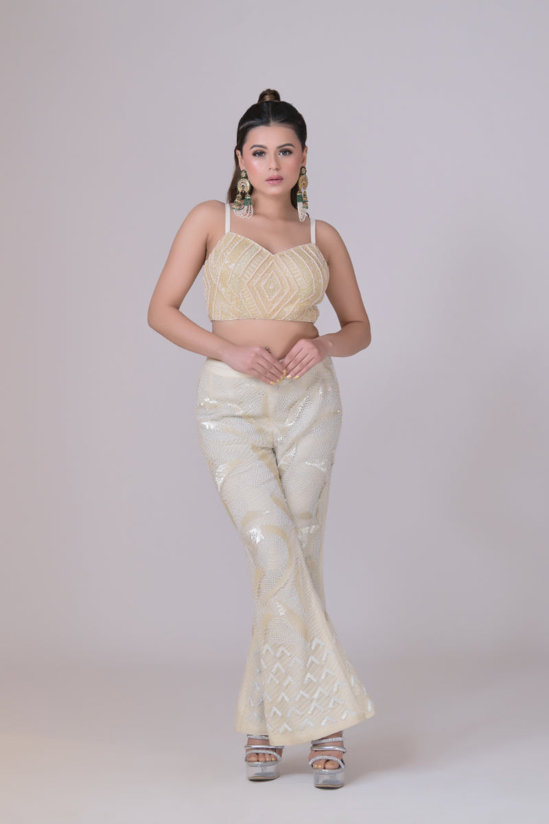 Ivory high Waisted Pants with Crop Top set