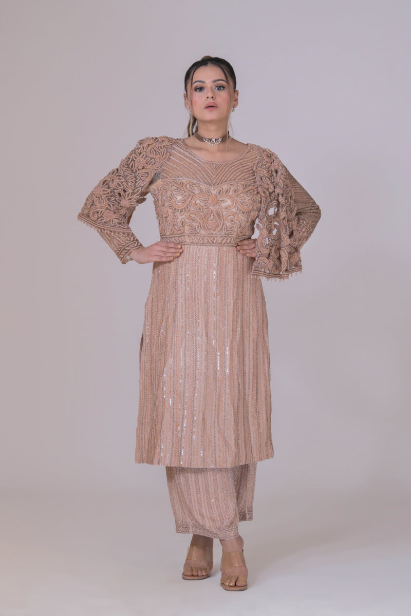 Dusty pink silk Kurta with all hand Embroidery
