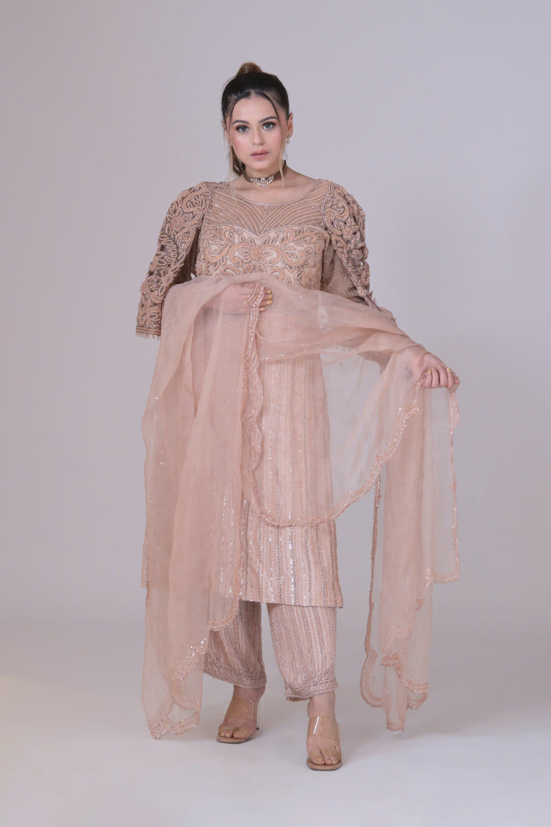 Dusty pink silk Kurta with all hand Embroidery